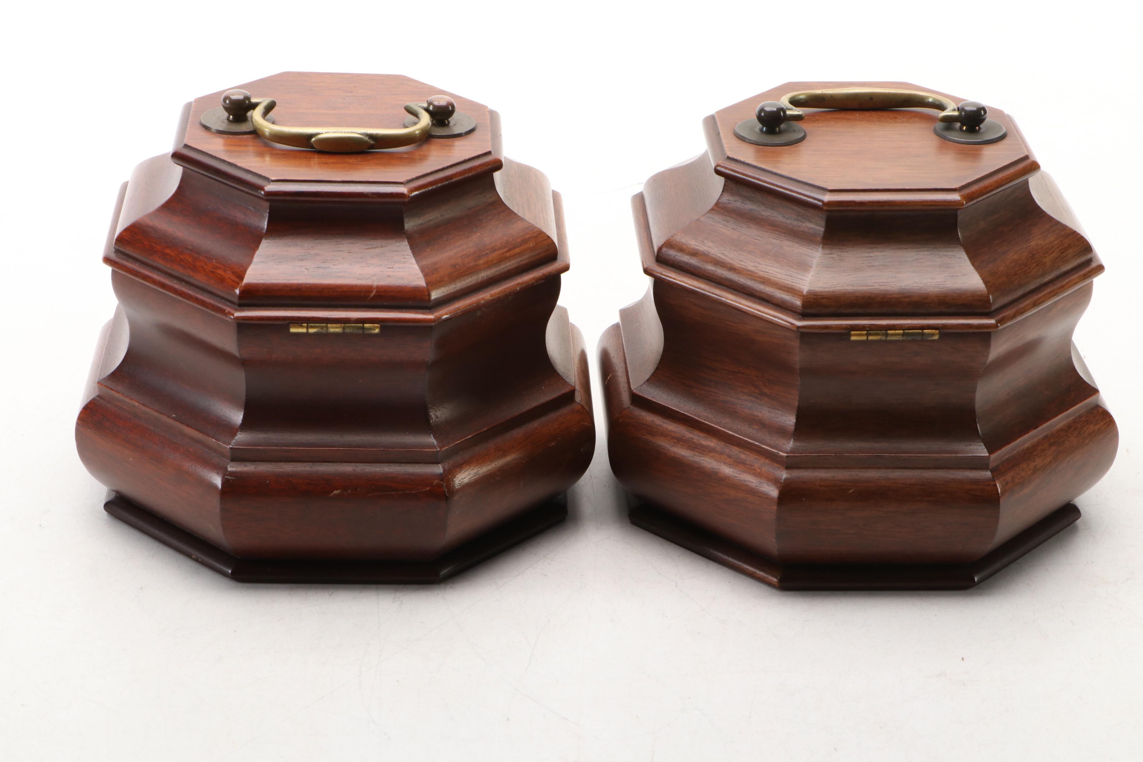 Pair of Virginia Metalcrafters Williamsburg Restoration Mahogany Tea Caddies