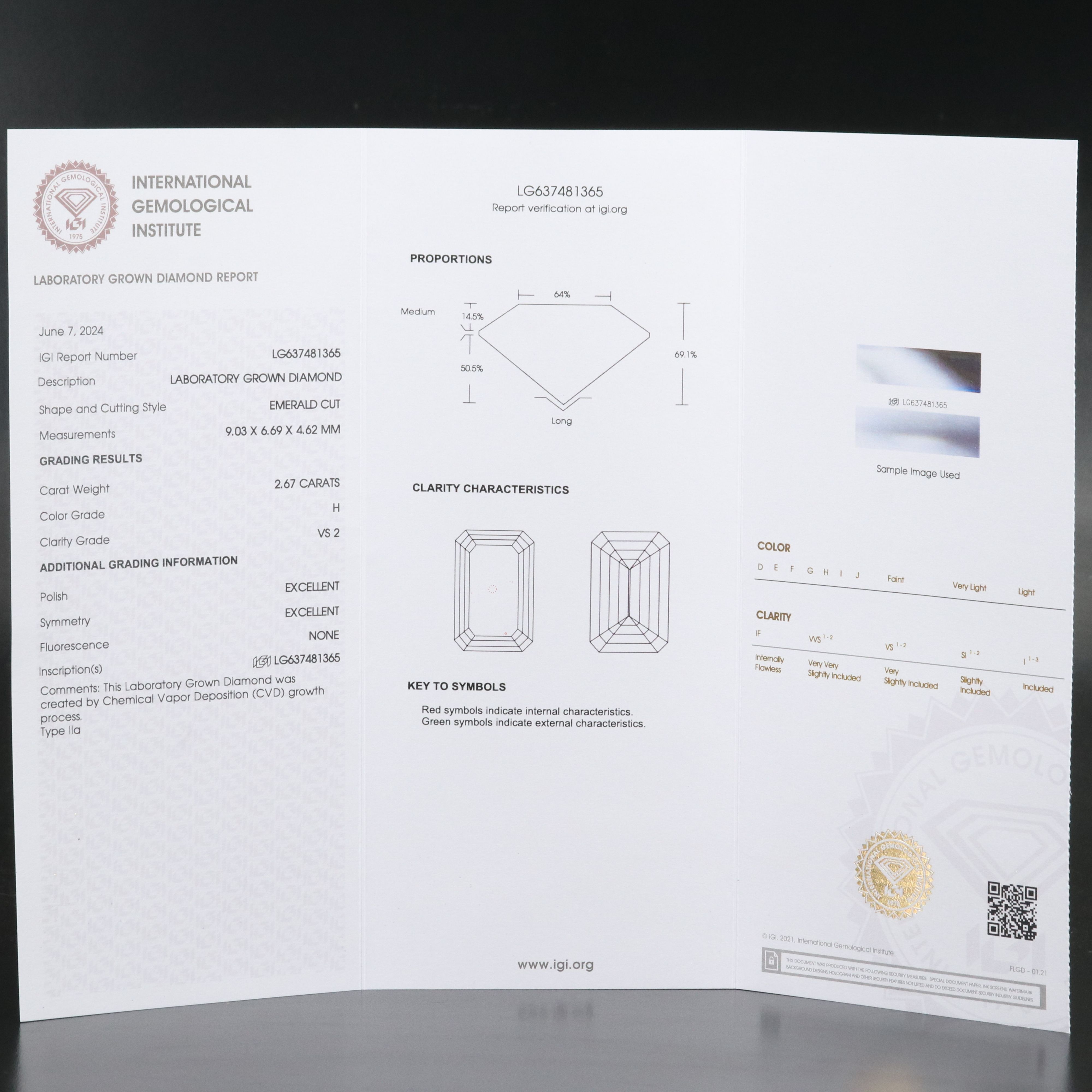 Loose 2.67 CT Lab Grown Diamond with IGI Report