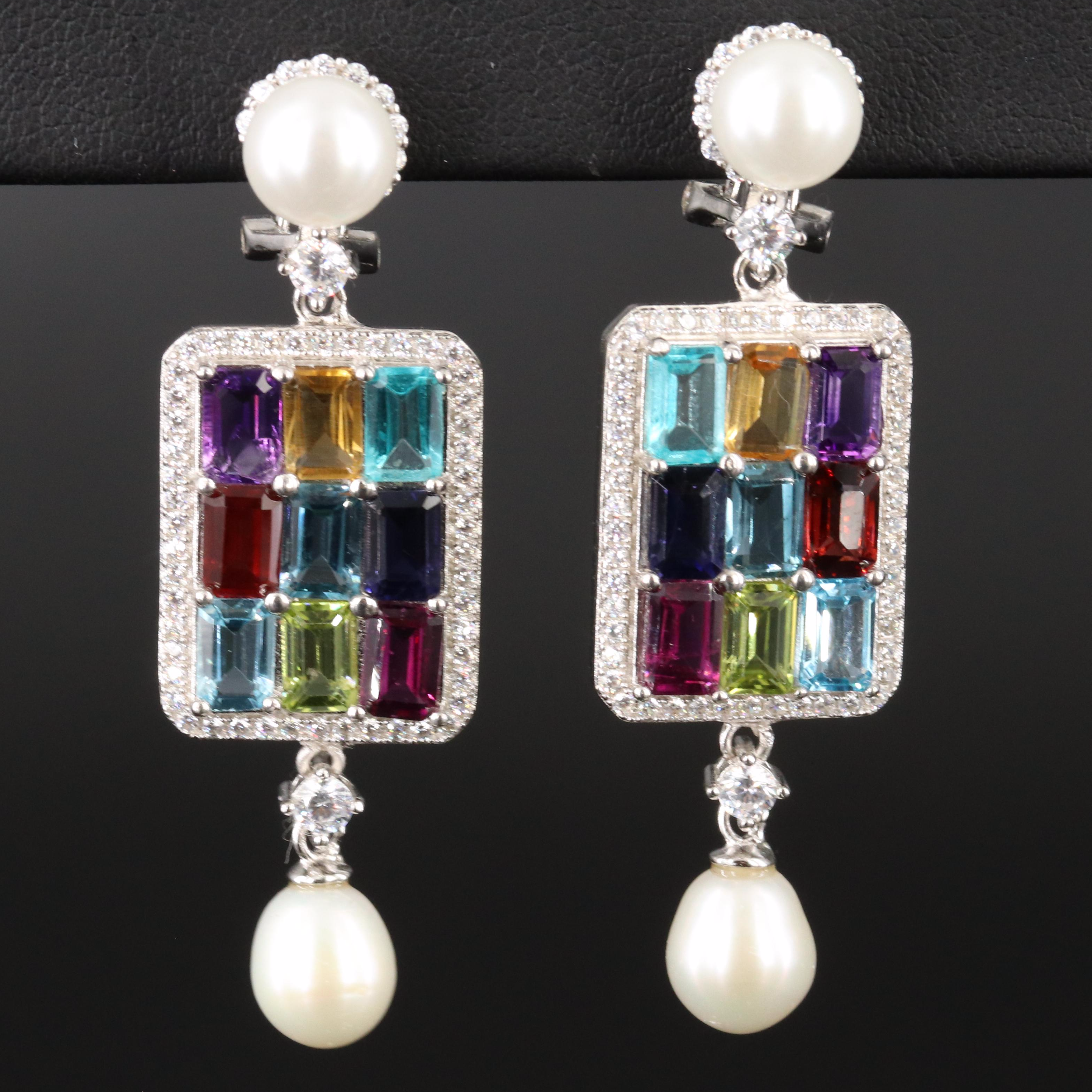 Sterling Faux Pearl, Peridot and Garnet Dangle Earrings