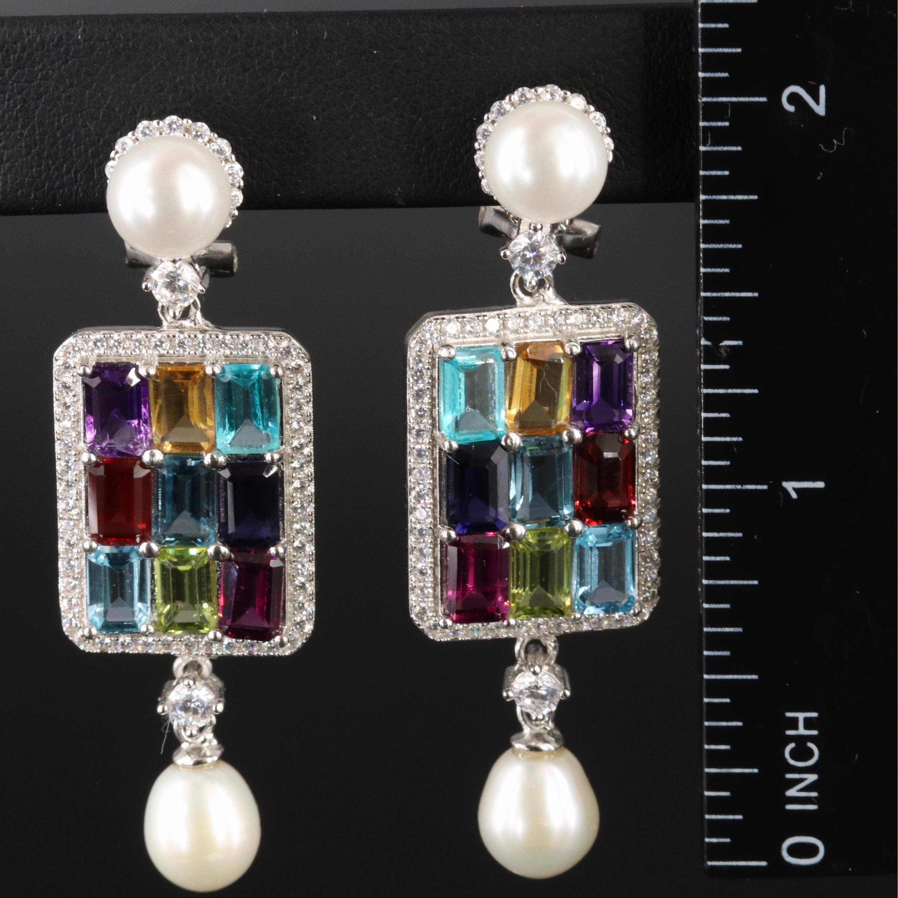 Sterling Faux Pearl, Peridot and Garnet Dangle Earrings