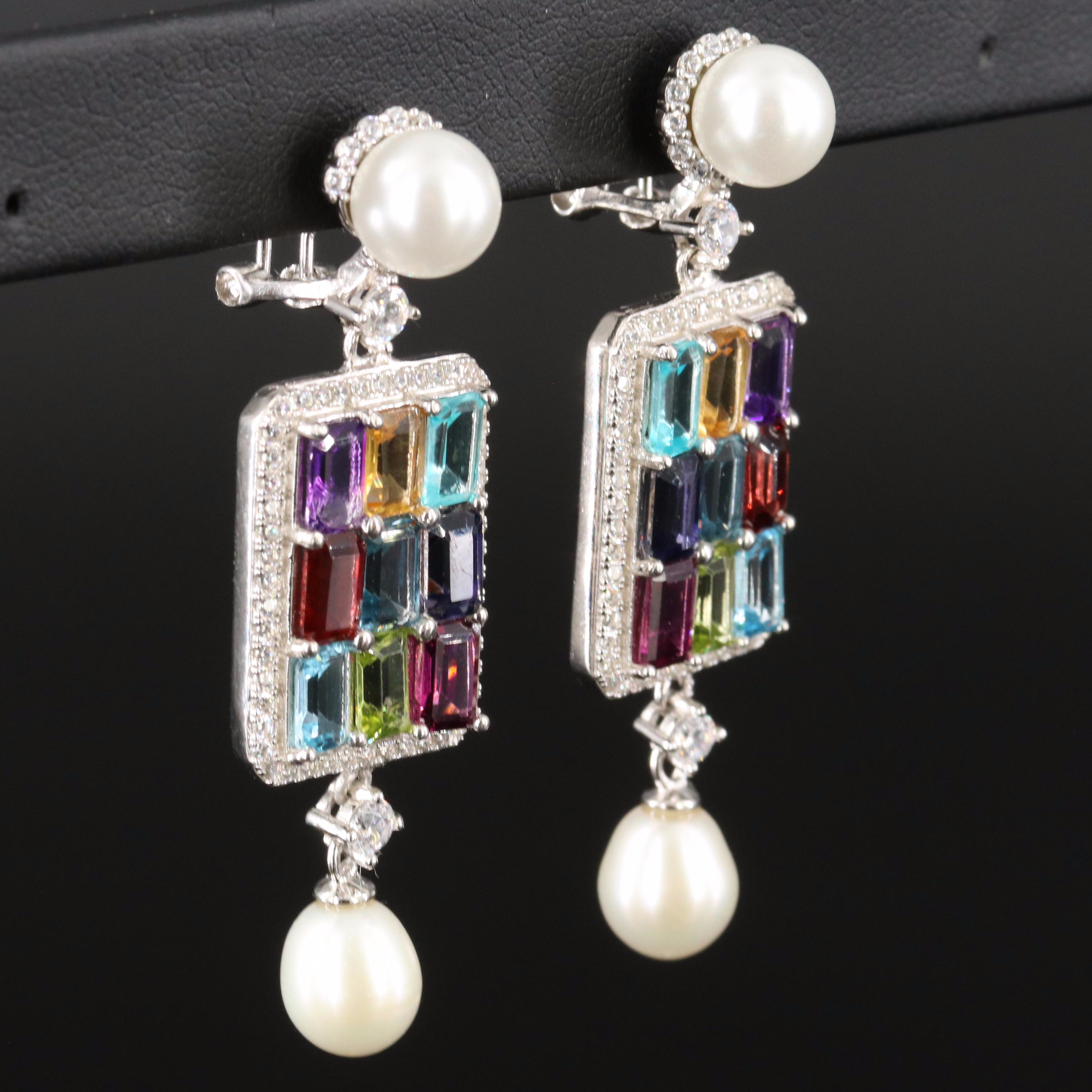 Sterling Faux Pearl, Peridot and Garnet Dangle Earrings