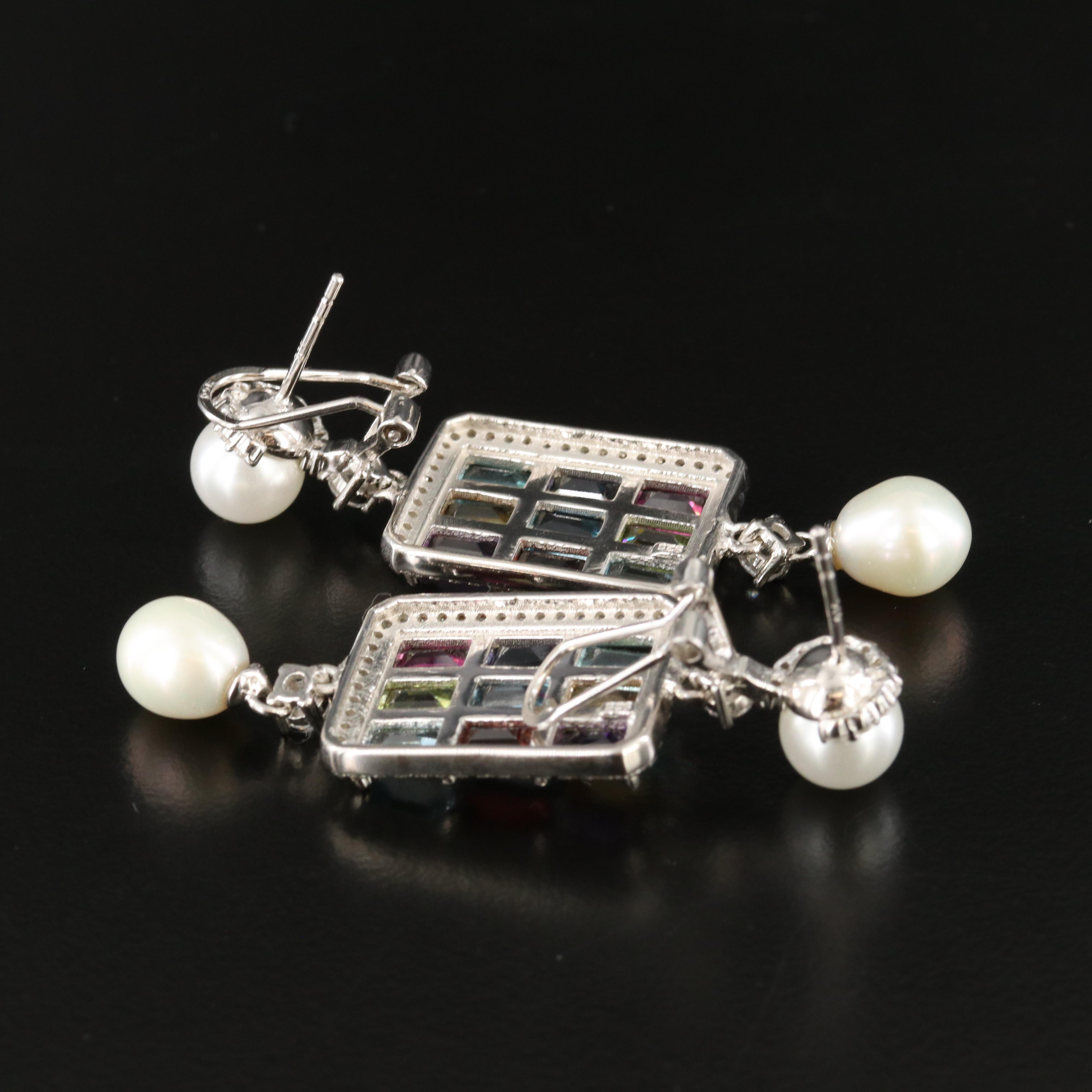 Sterling Faux Pearl, Peridot and Garnet Dangle Earrings