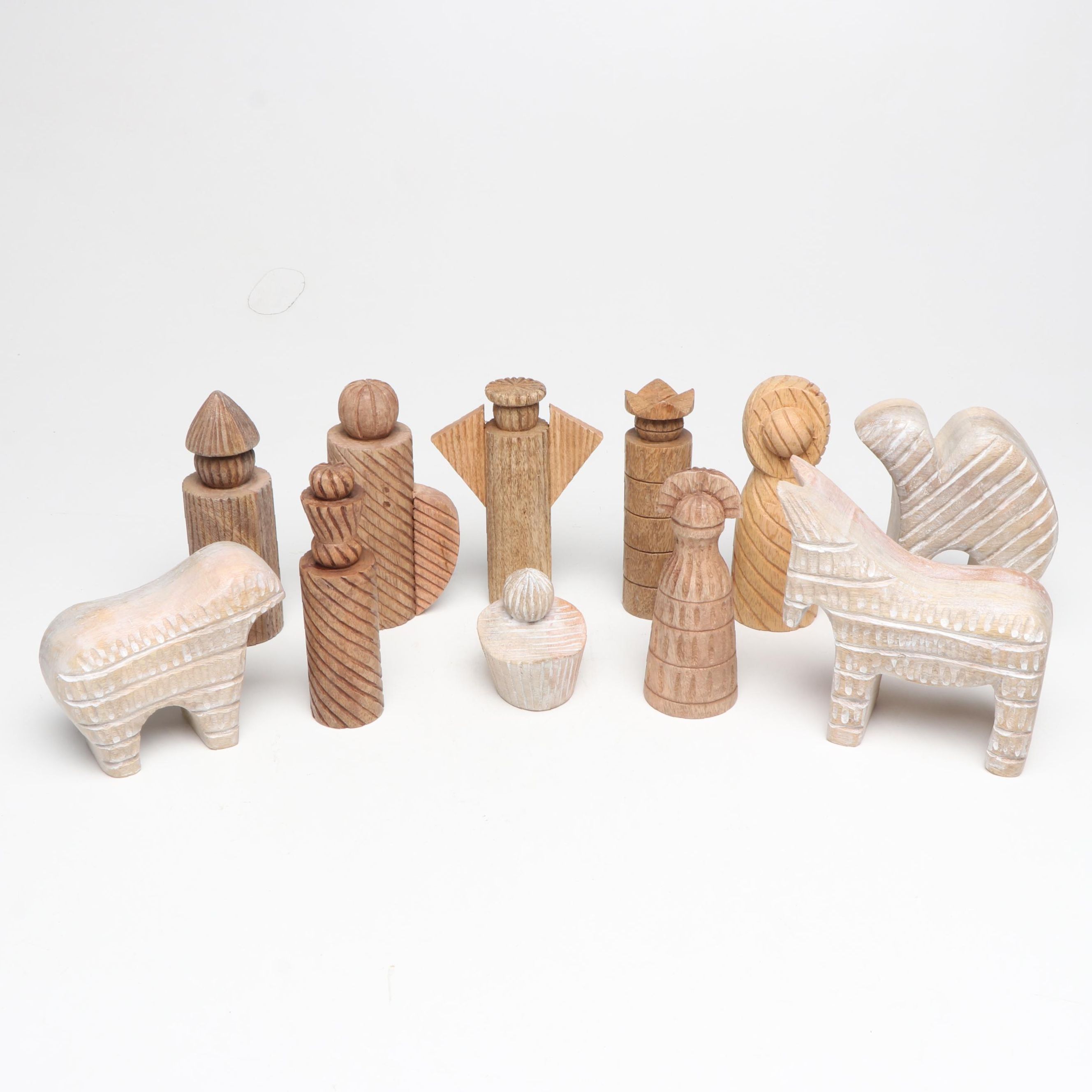 Indian Made Abstract Hand-Carved and Turned Wood Nativity Set