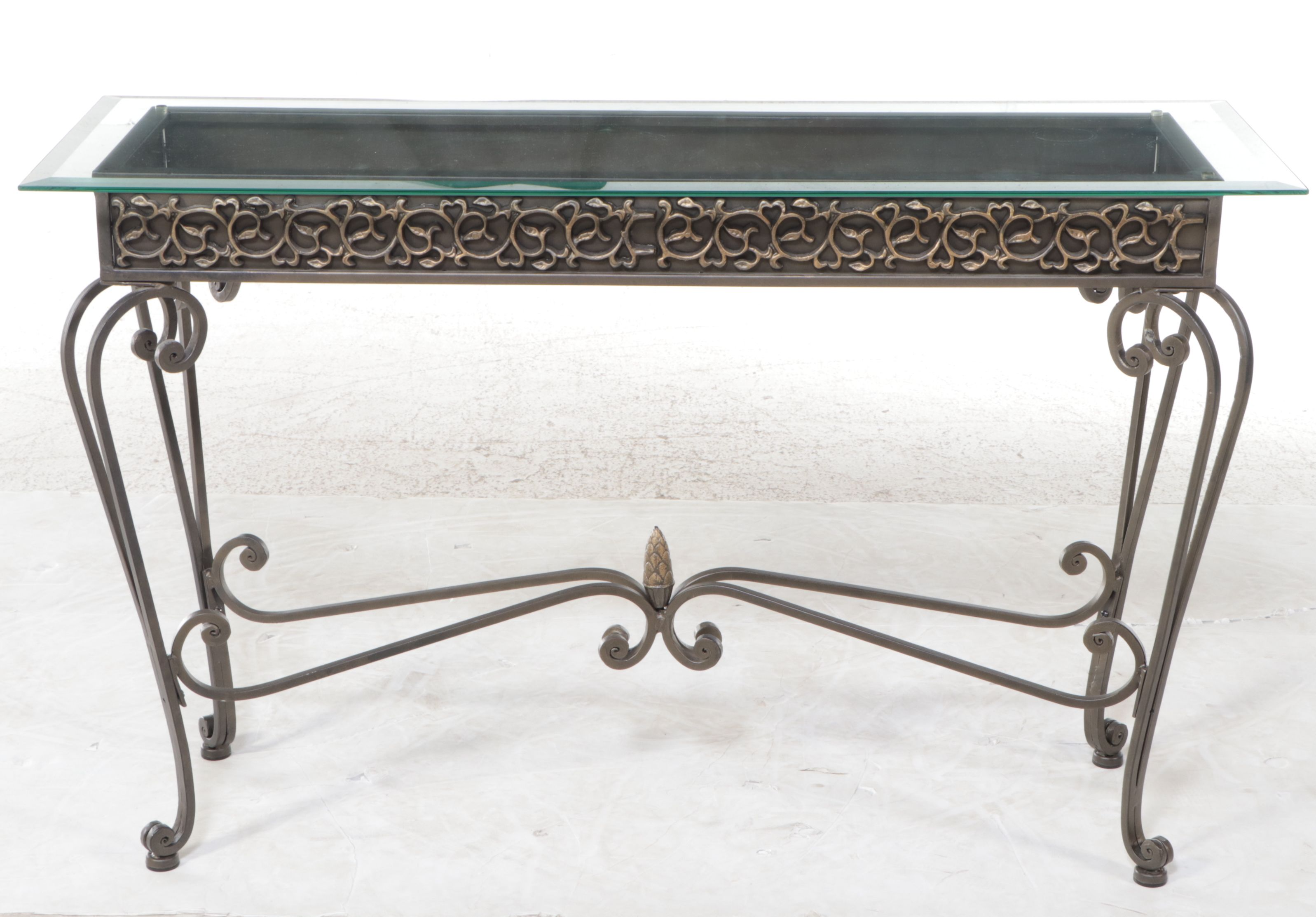 Neoclassical Style Glass Top Metal Console Table