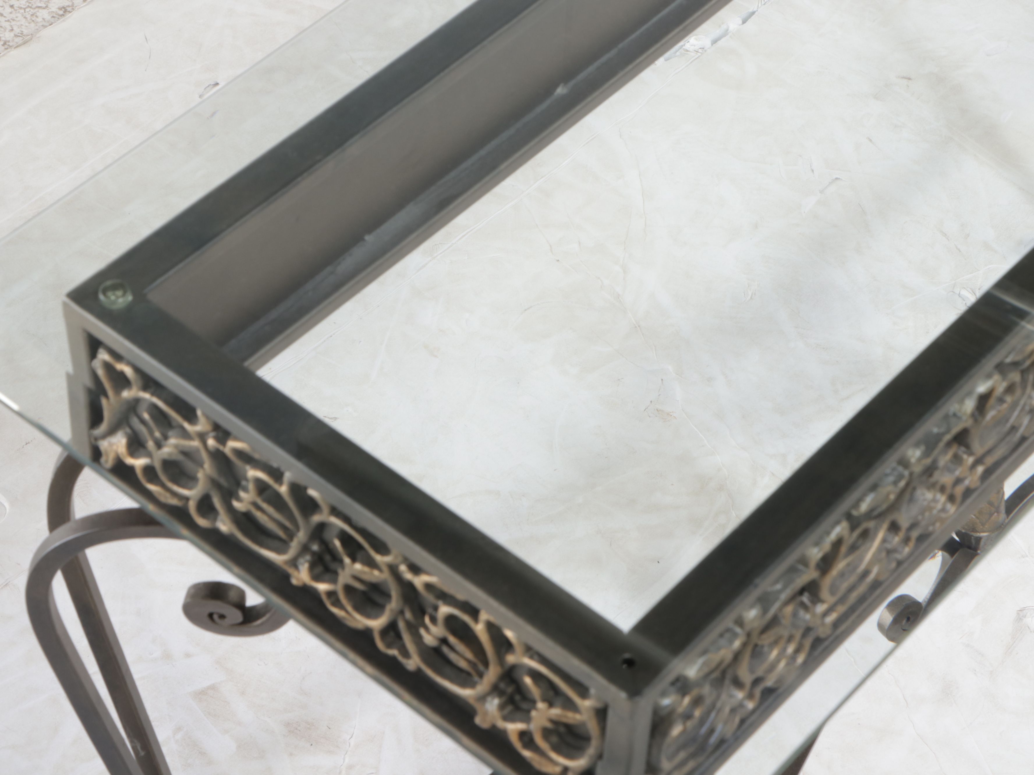 Neoclassical Style Glass Top Metal Console Table