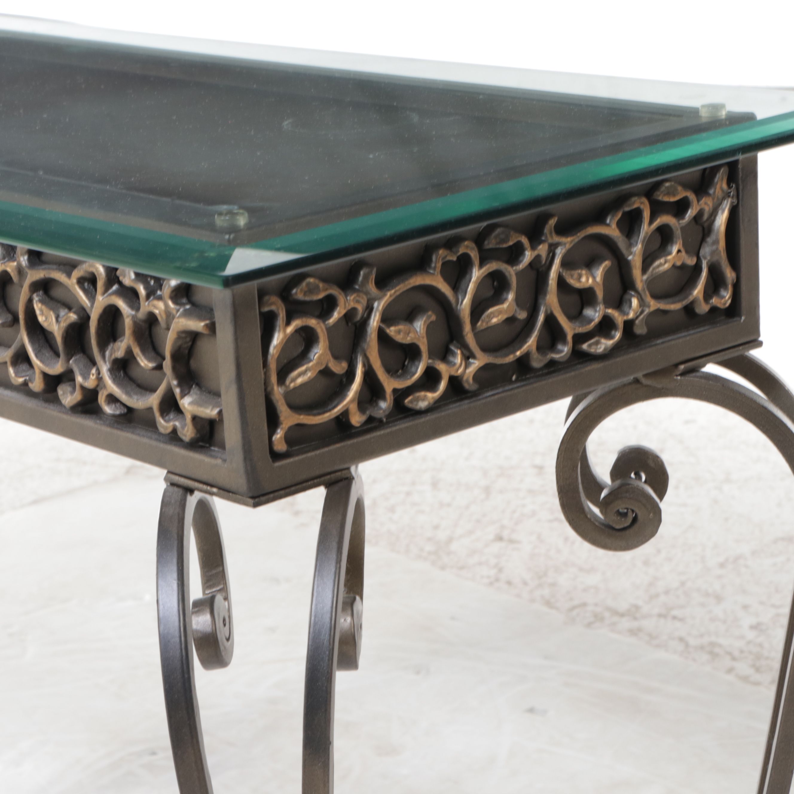 Neoclassical Style Glass Top Metal Console Table