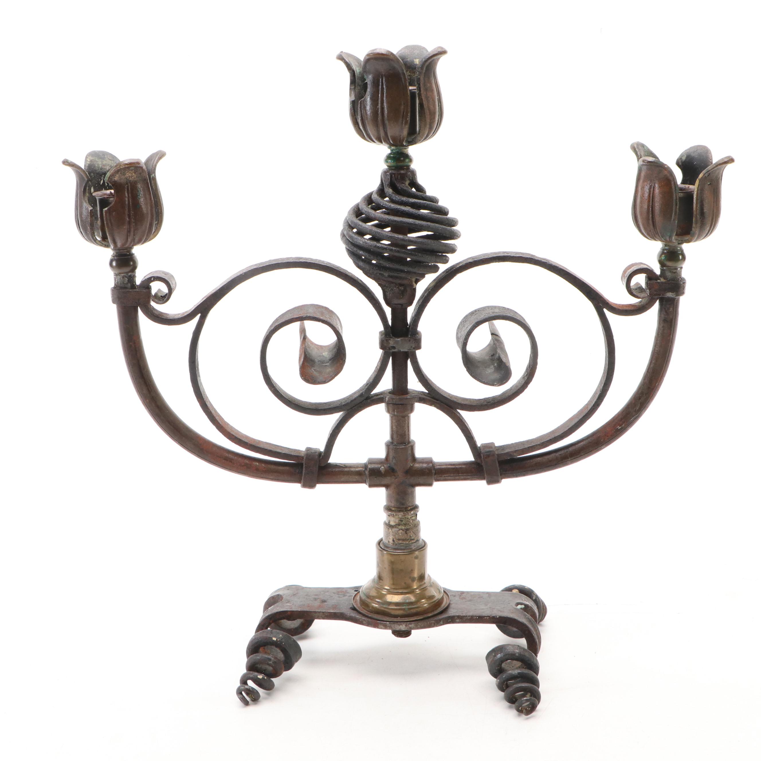 Spanish Revival Style Spiral Iron and Tulip Candelabras, 20th Century