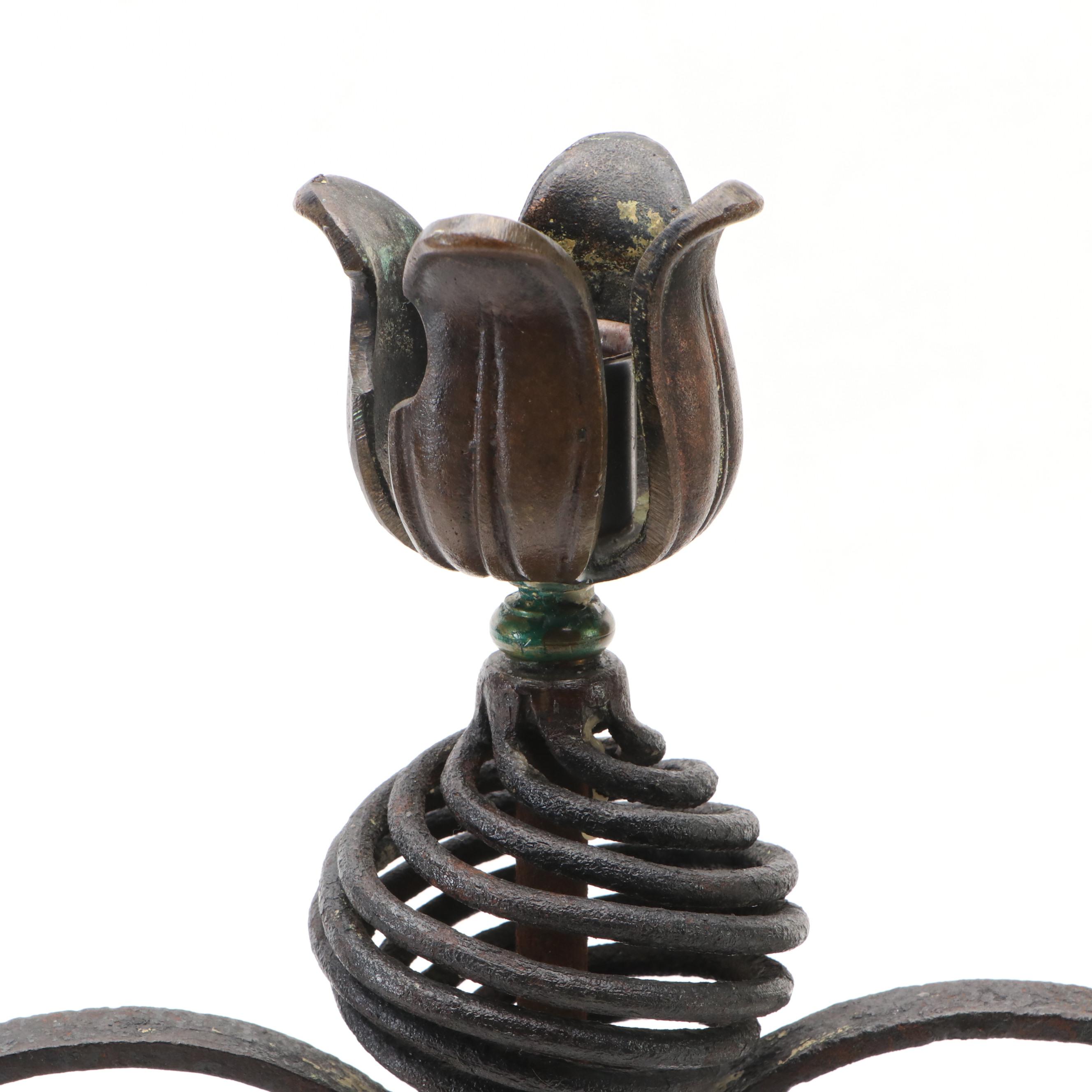 Spanish Revival Style Spiral Iron and Tulip Candelabras, 20th Century
