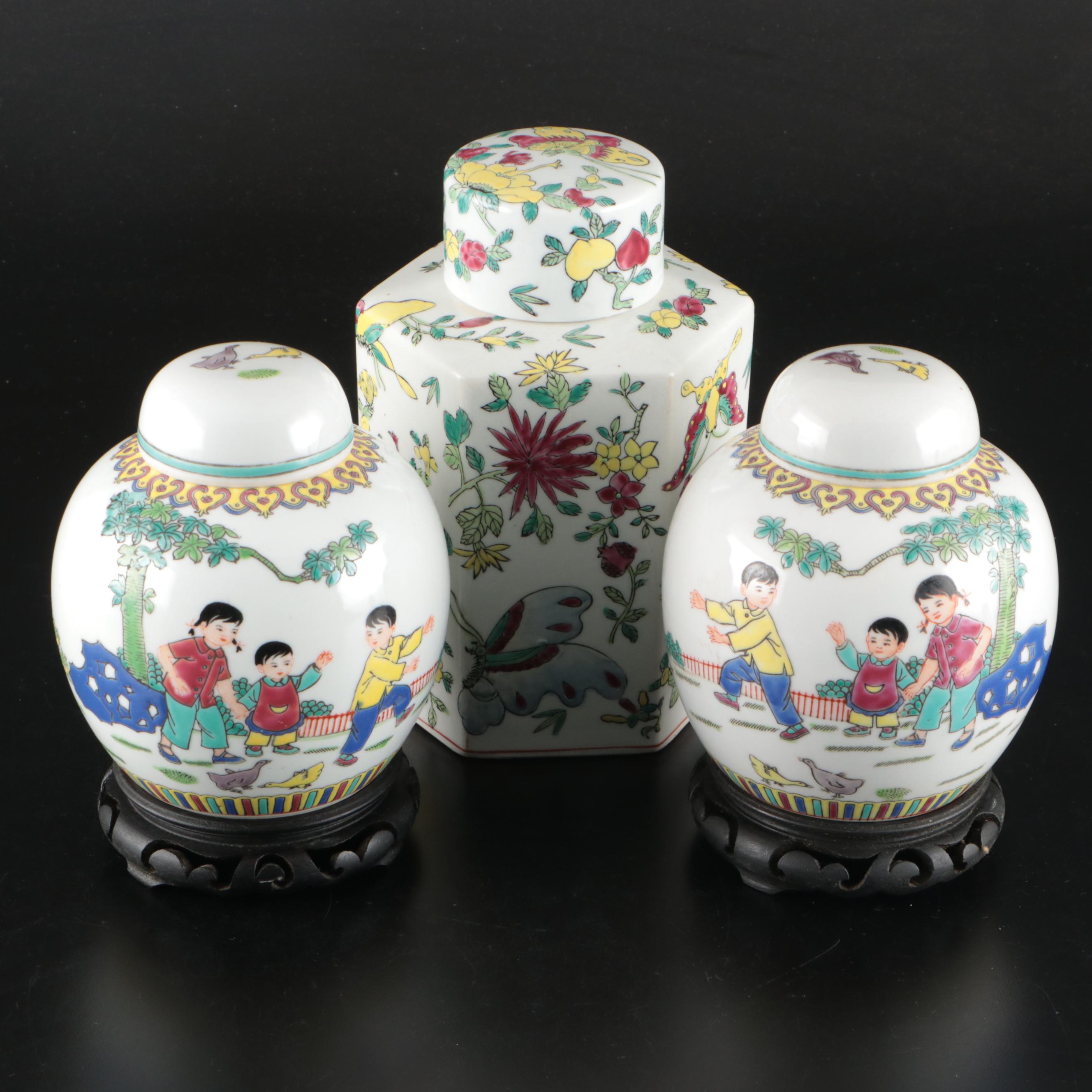 Chinese Porcelain Ginger Jars and Tea Caddy