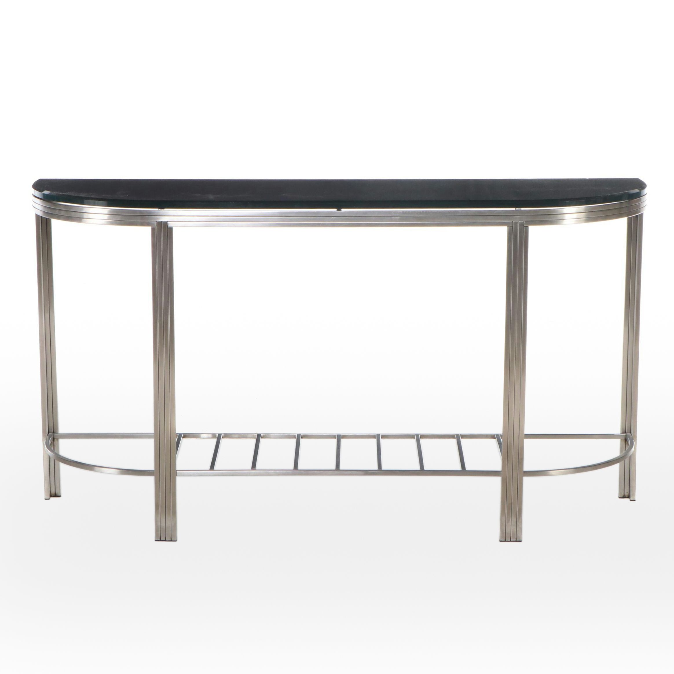 Modernist Style Black Glass and Metal Console Table
