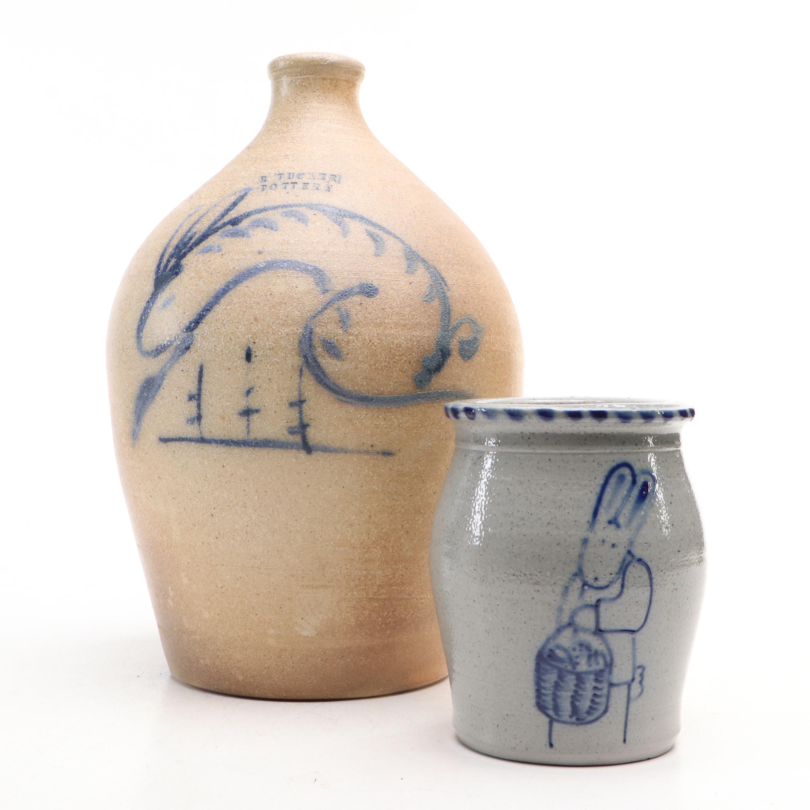 Eldreth Pottery Stoneware Crock and R. Tucker Jug with Freehand Cobalt Designs