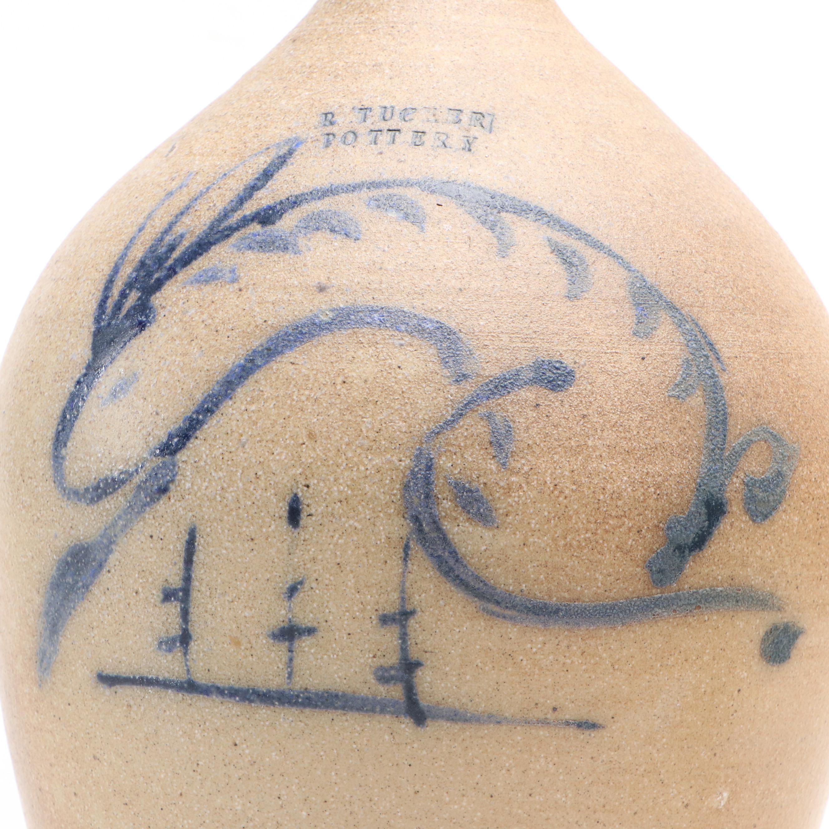 Eldreth Pottery Stoneware Crock and R. Tucker Jug with Freehand Cobalt Designs