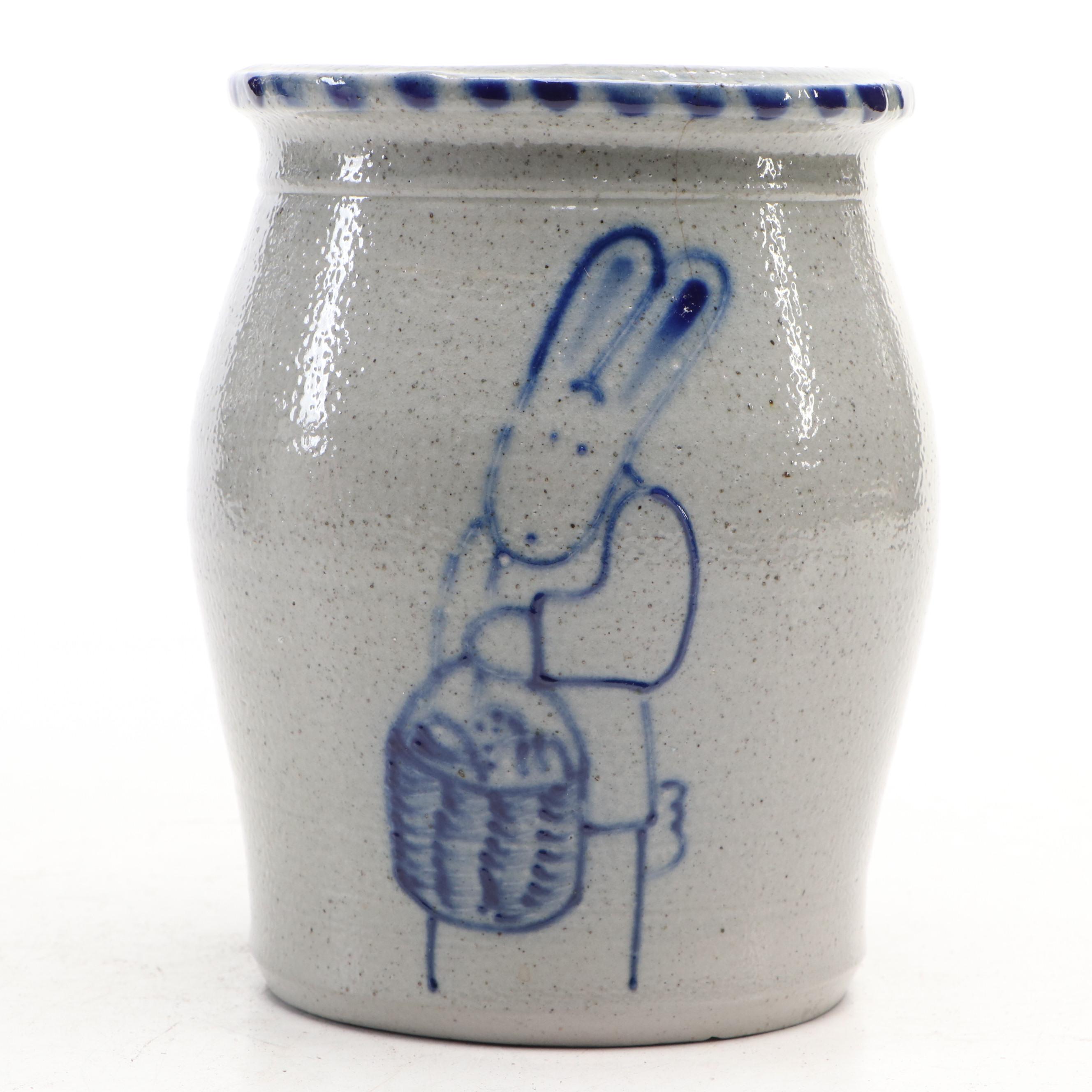 Eldreth Pottery Stoneware Crock and R. Tucker Jug with Freehand Cobalt Designs