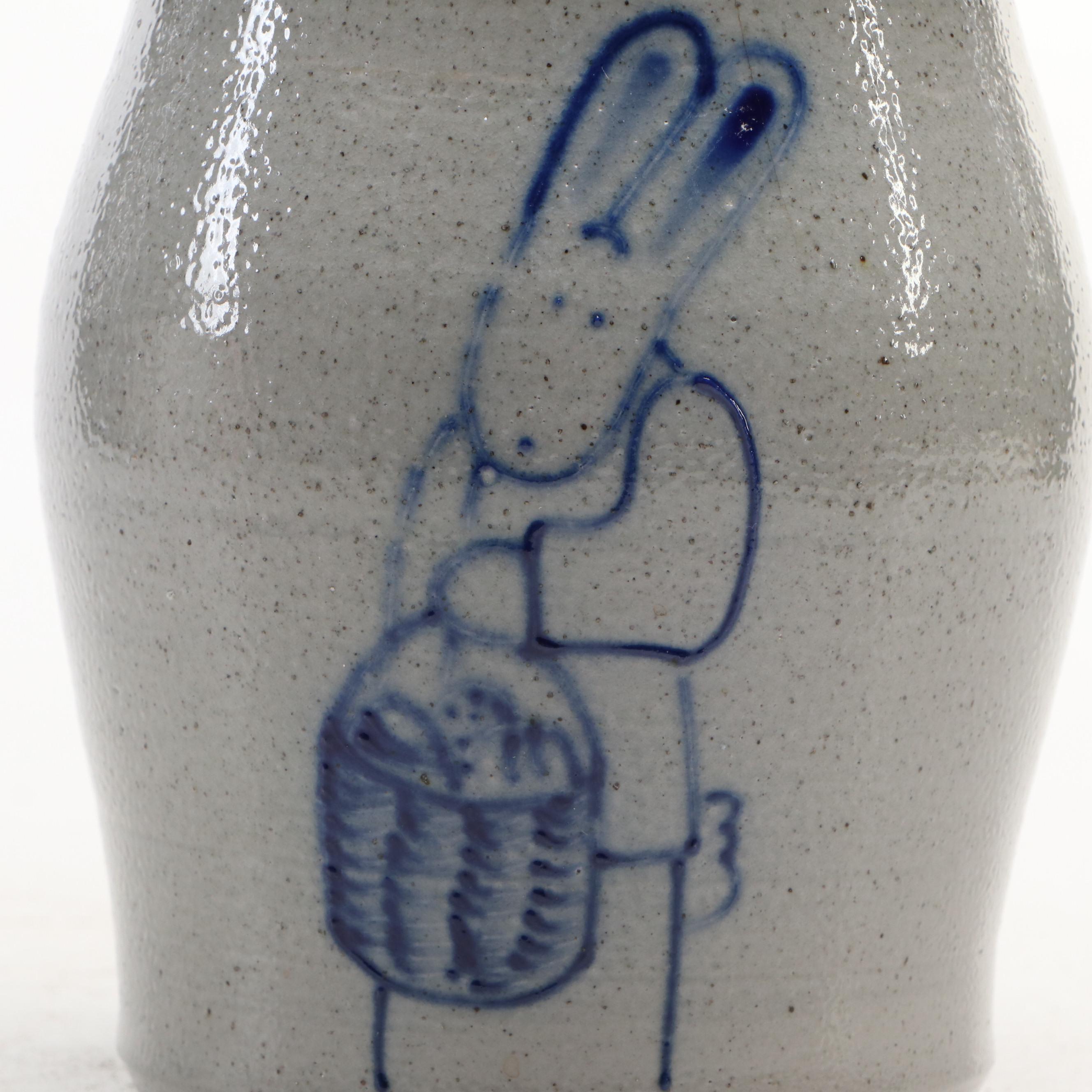 Eldreth Pottery Stoneware Crock and R. Tucker Jug with Freehand Cobalt Designs