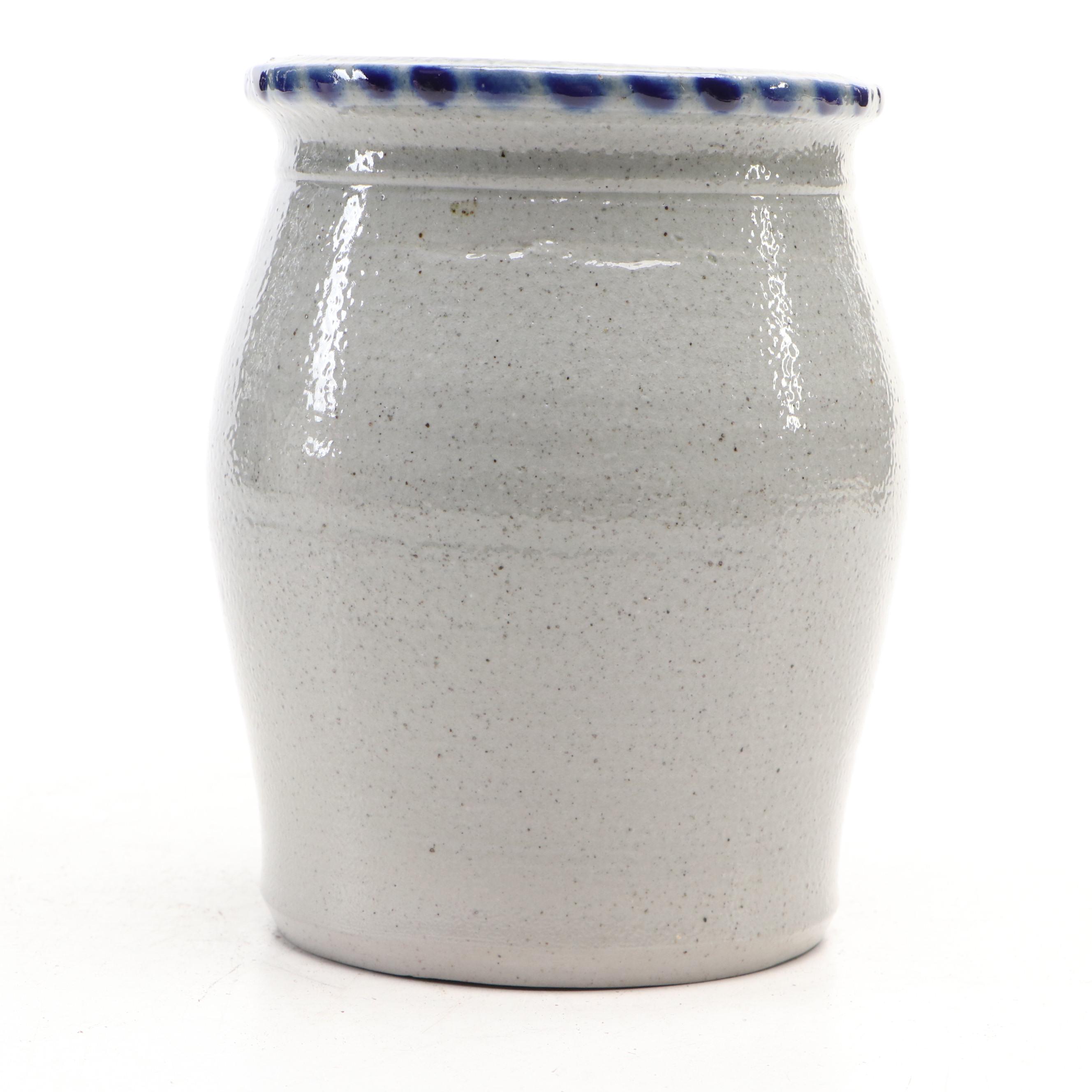 Eldreth Pottery Stoneware Crock and R. Tucker Jug with Freehand Cobalt Designs