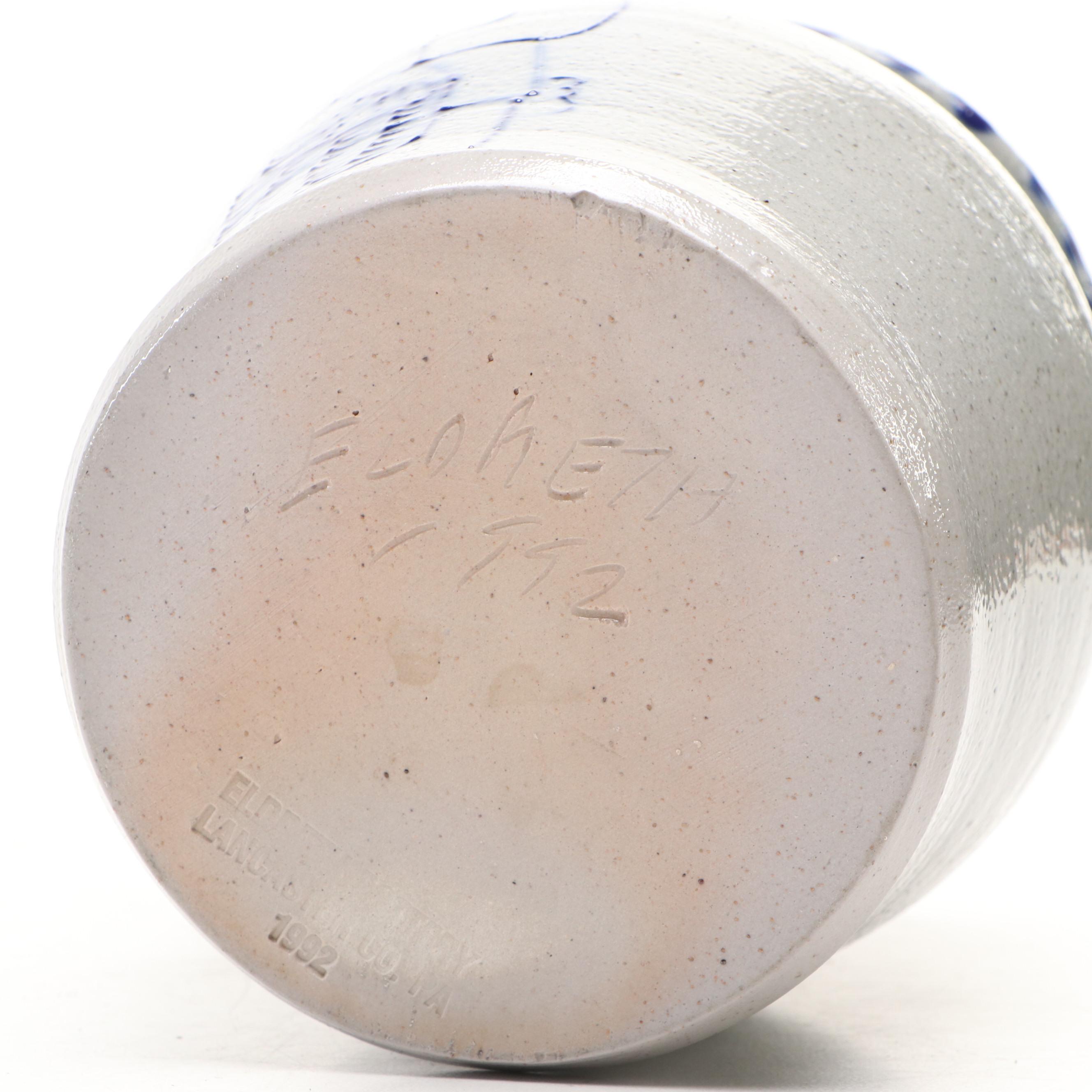 Eldreth Pottery Stoneware Crock and R. Tucker Jug with Freehand Cobalt Designs