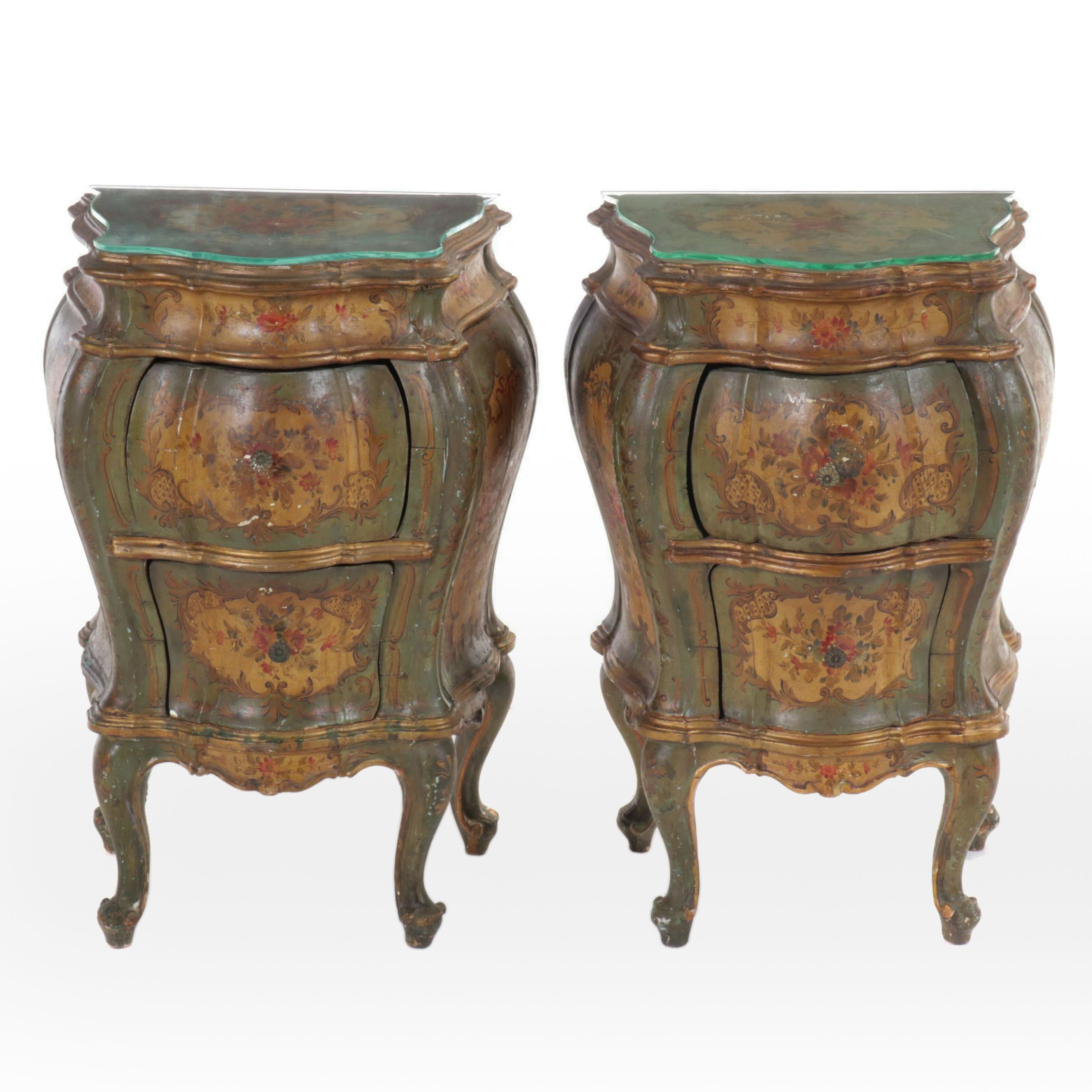 Pair of Venetian Rococo Style Painted End Tables with Glass Tops