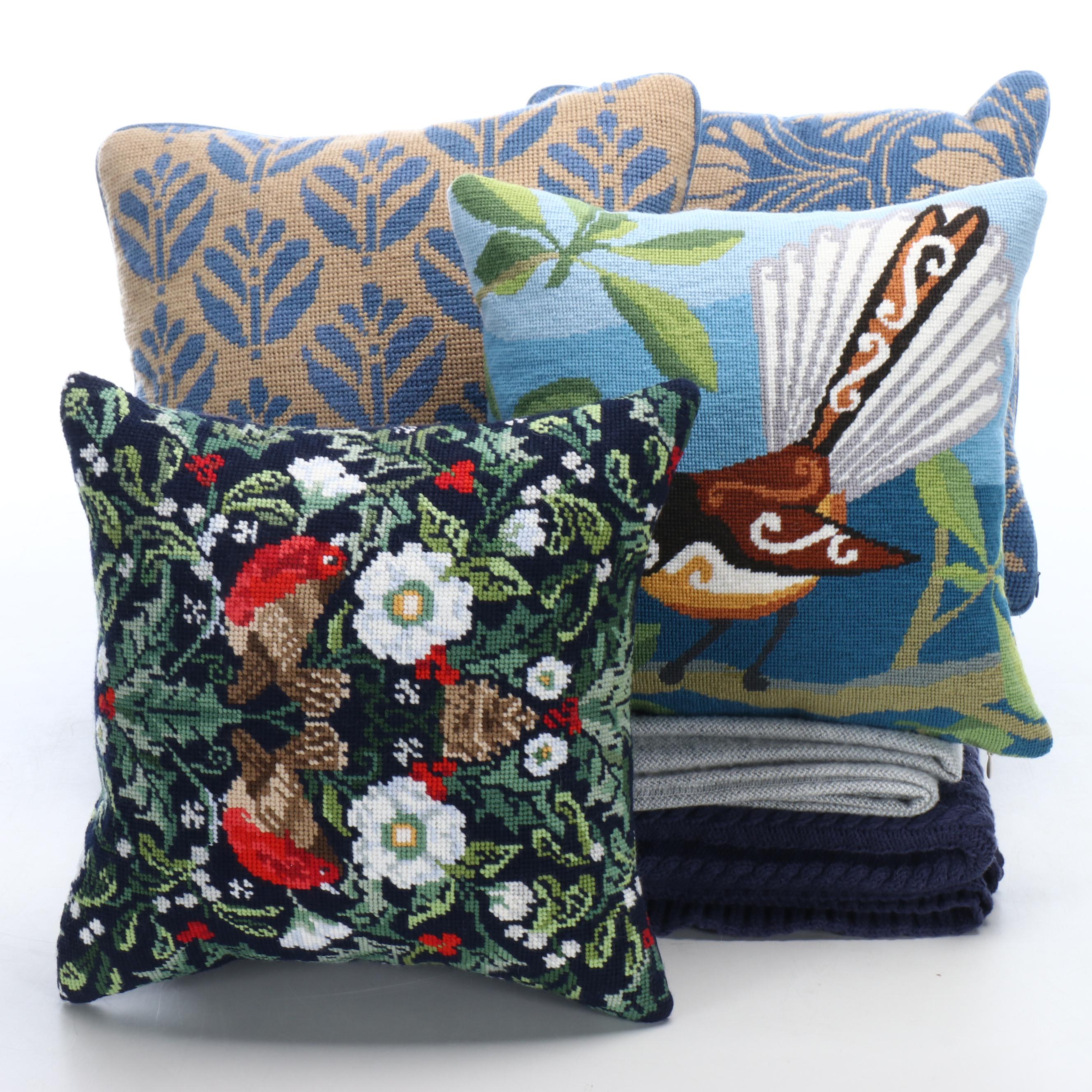 Needlepoint Cotton Throw Pillows with Faribault and Lands' End Throw Blankets