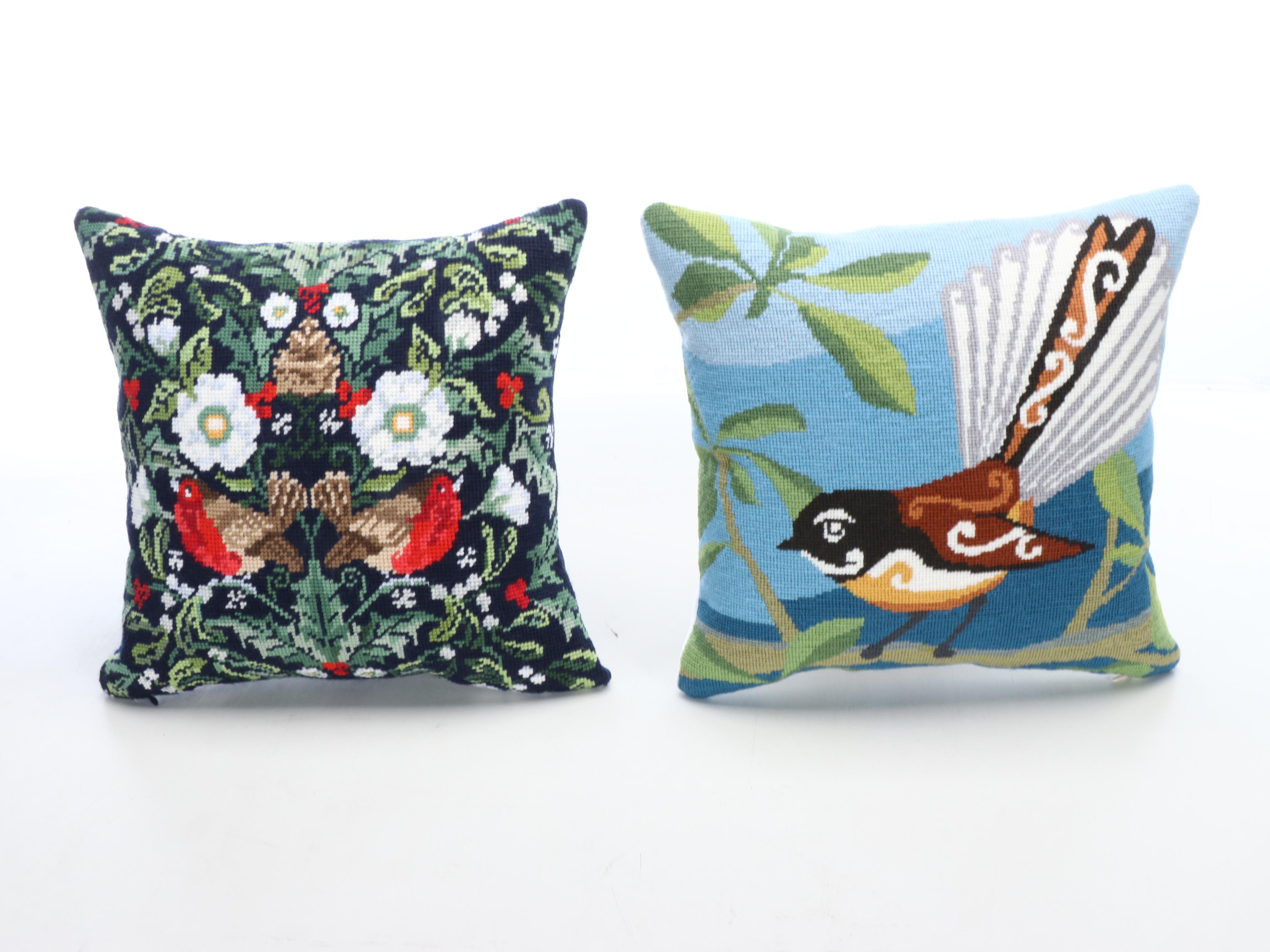 Needlepoint Cotton Throw Pillows with Faribault and Lands' End Throw Blankets