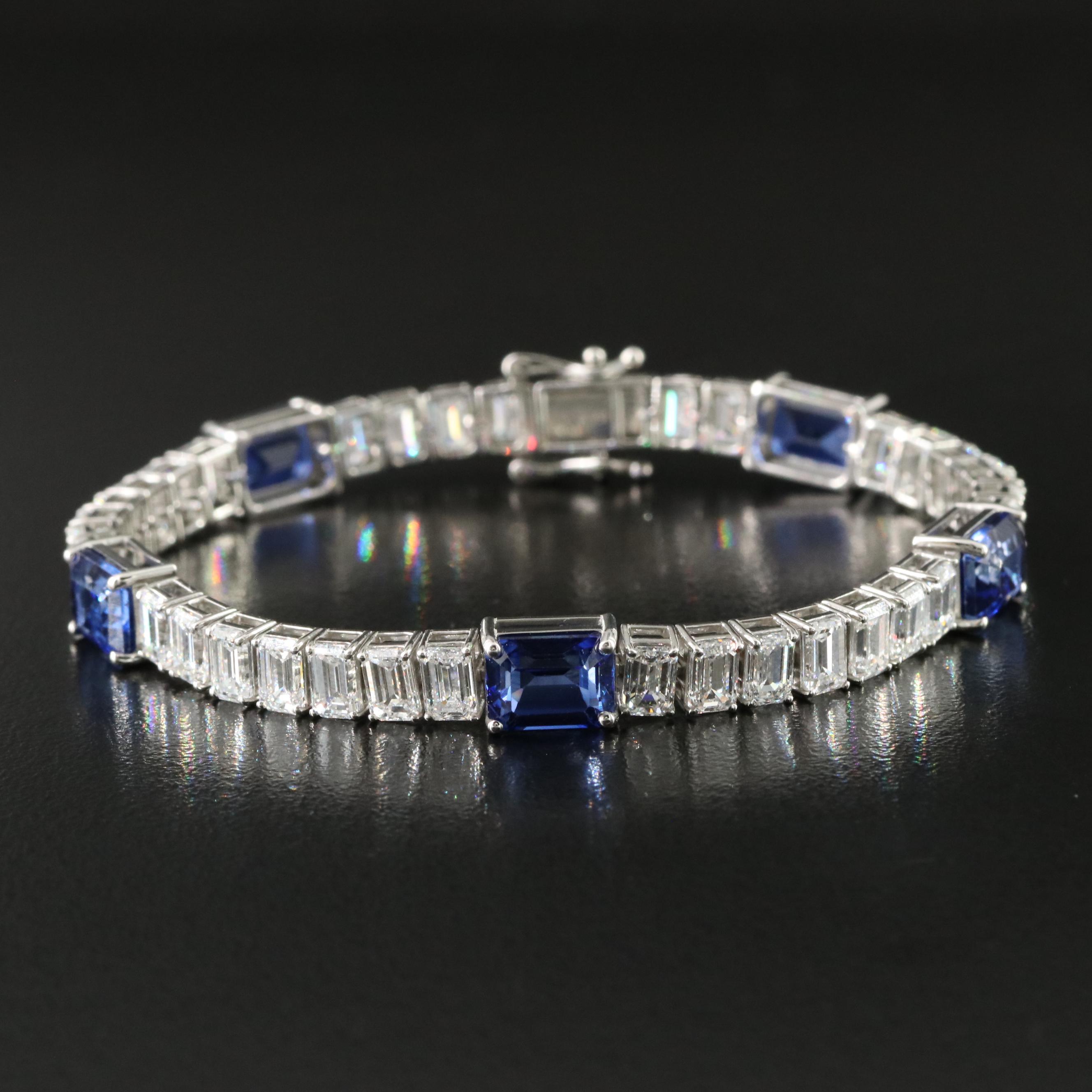 Platinum 11.01 CTW Sapphire and 11.88 CTW Lab Grown Diamond Station Bracelet
