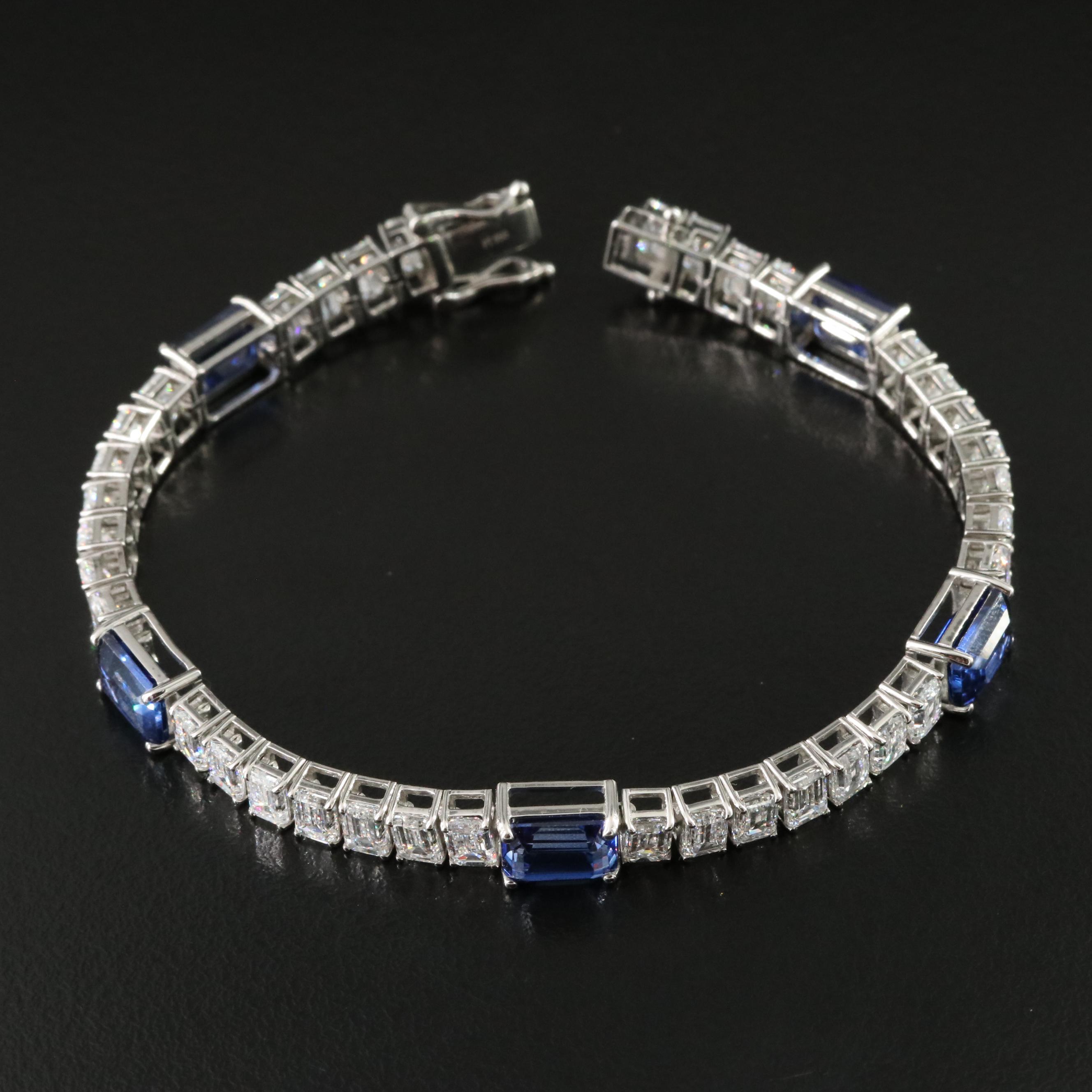 Platinum 11.01 CTW Sapphire and 11.88 CTW Lab Grown Diamond Station Bracelet