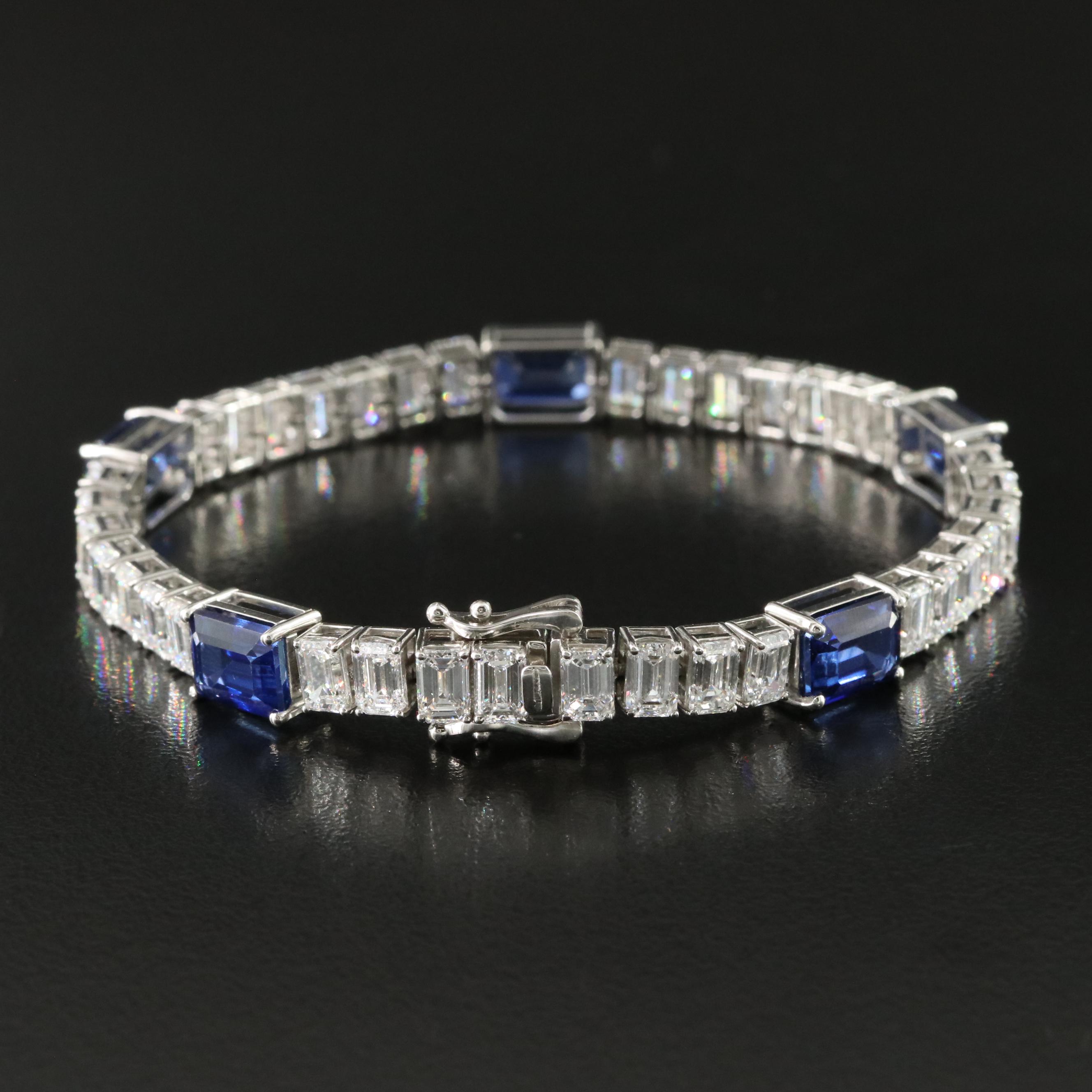 Platinum 11.01 CTW Sapphire and 11.88 CTW Lab Grown Diamond Station Bracelet