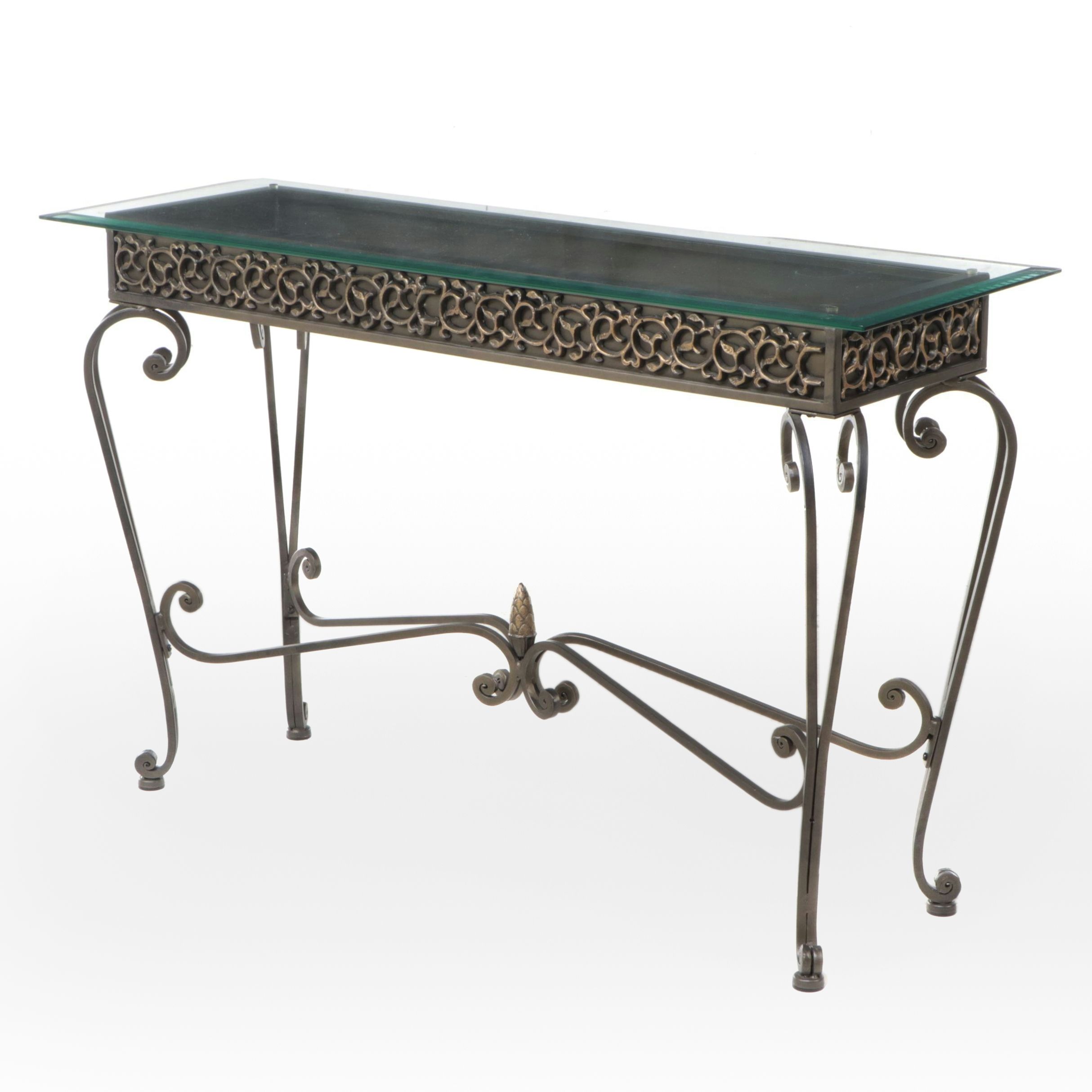 Neoclassical Style Glass Top Metal Console Table