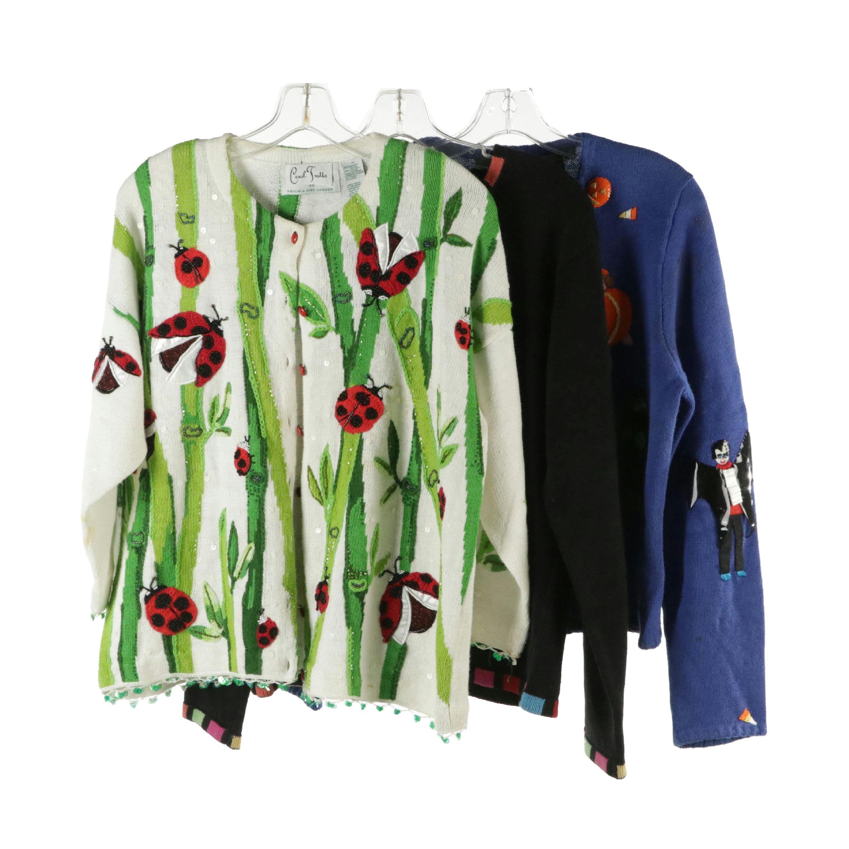 Ladybug Embellished, Embroidered Giraffe and Halloween-Themed Cardigan Sweaters