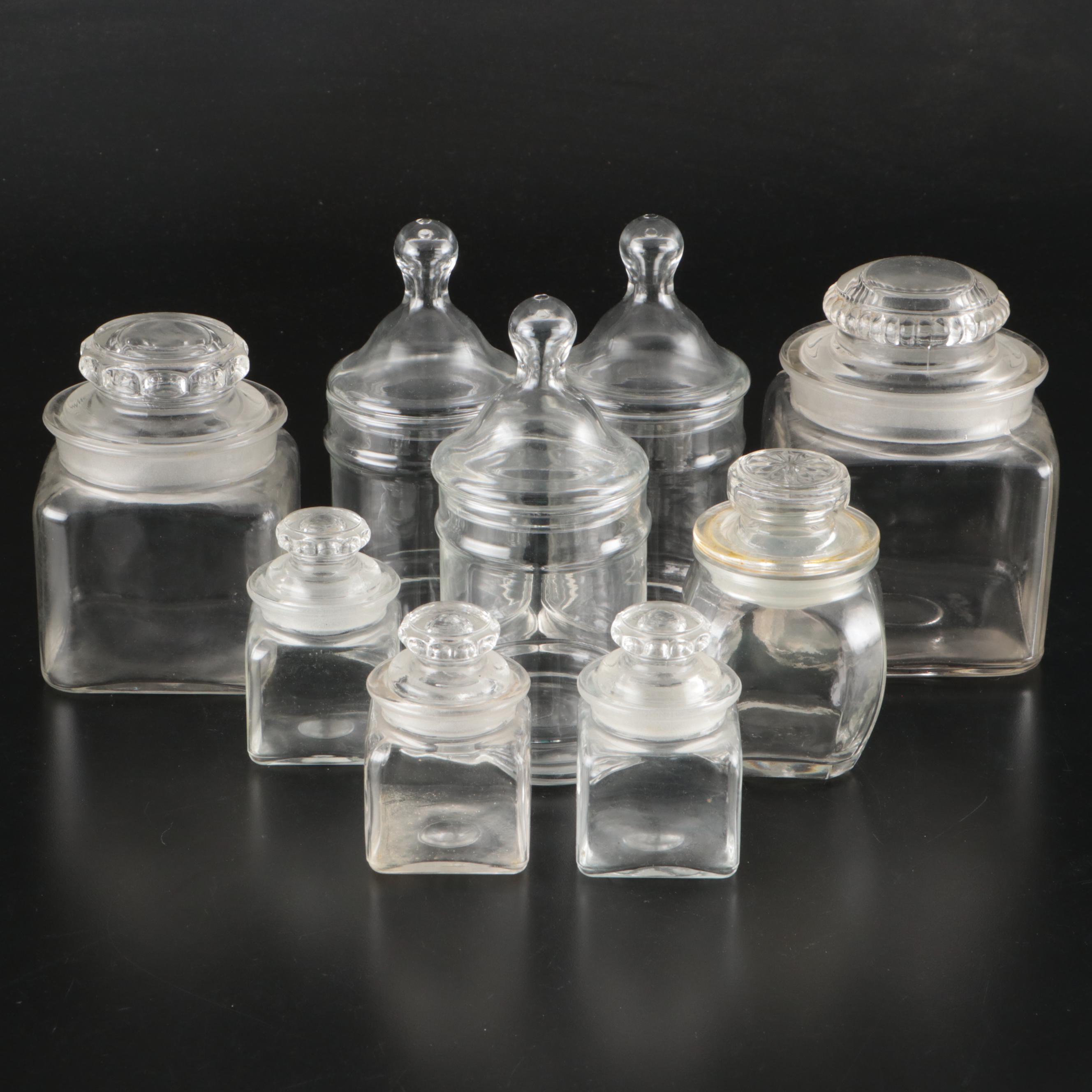 Vintage Glass Apothecary Jars with Other Lidded Glass Storage Jars