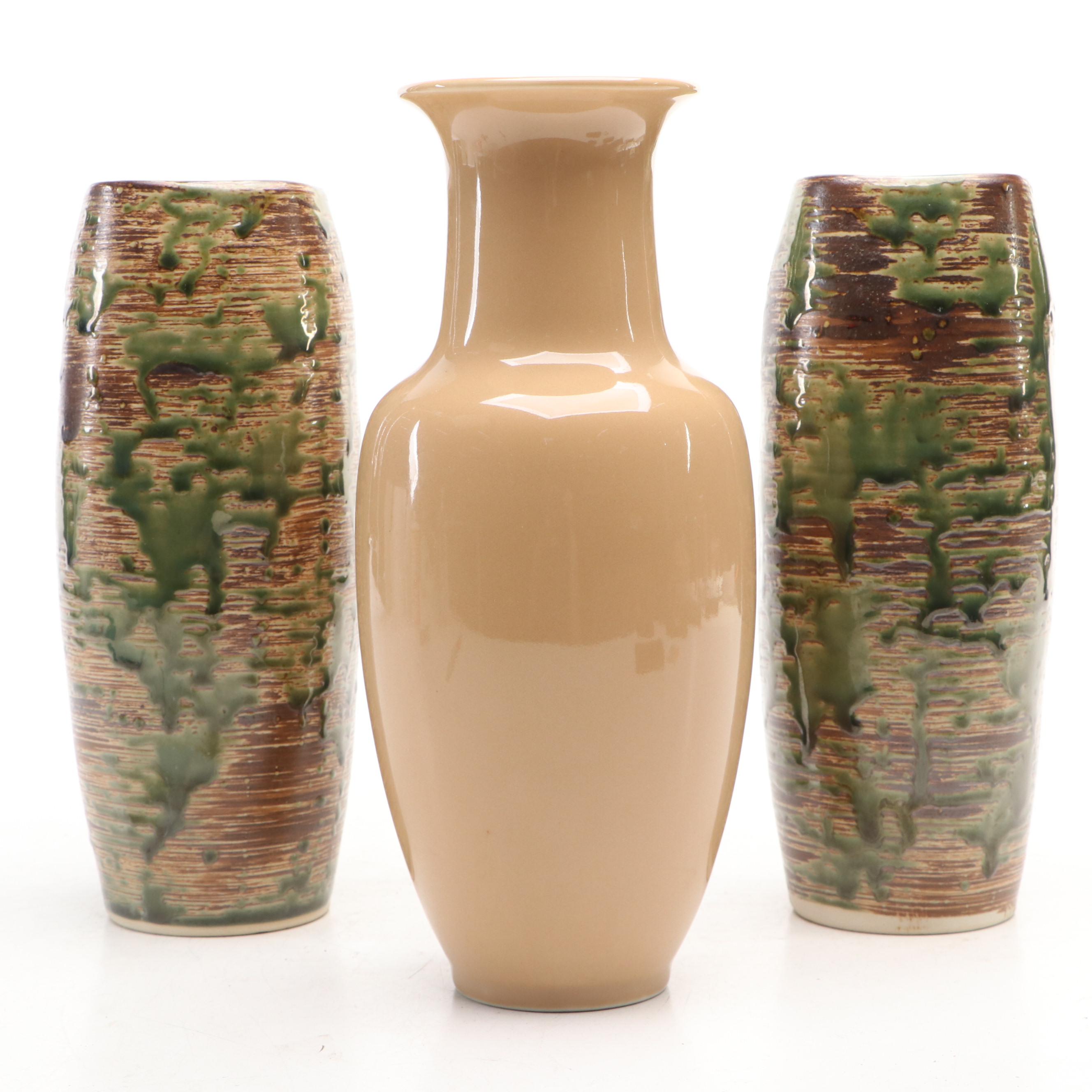 Japanese Green and Brown Glazed Ceramic Vase Pair with Tan Glazed Vase
