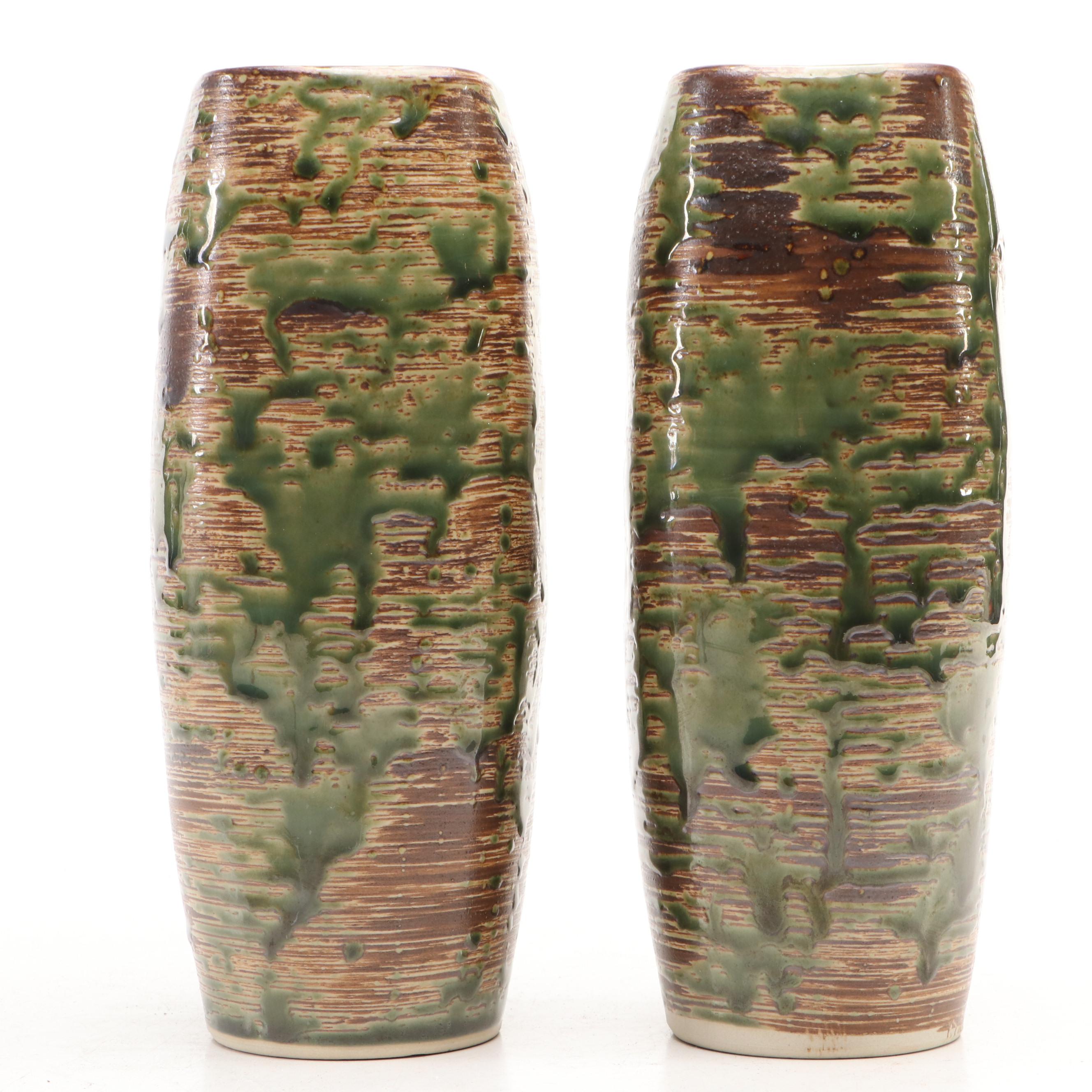 Japanese Green and Brown Glazed Ceramic Vase Pair with Tan Glazed Vase