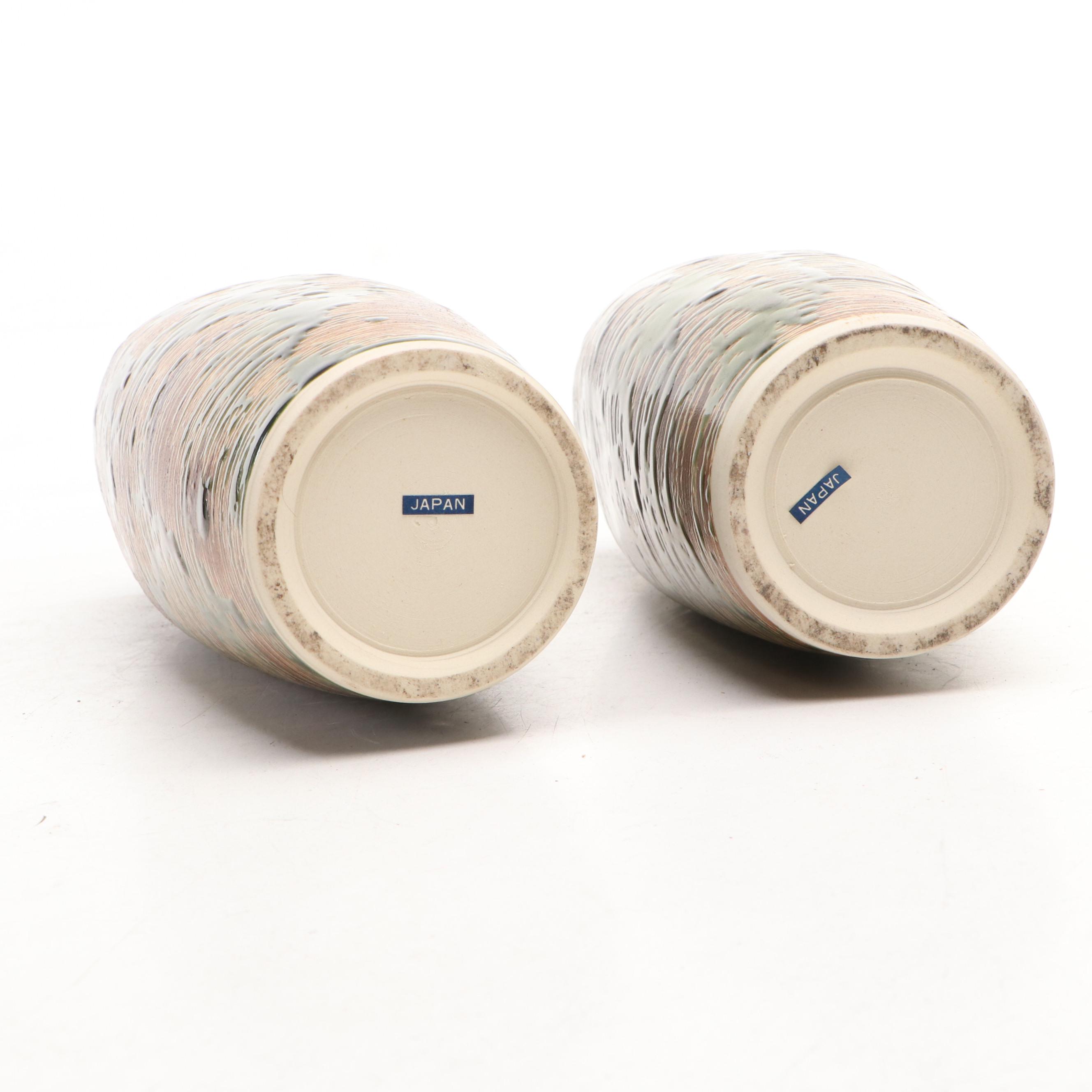 Japanese Green and Brown Glazed Ceramic Vase Pair with Tan Glazed Vase