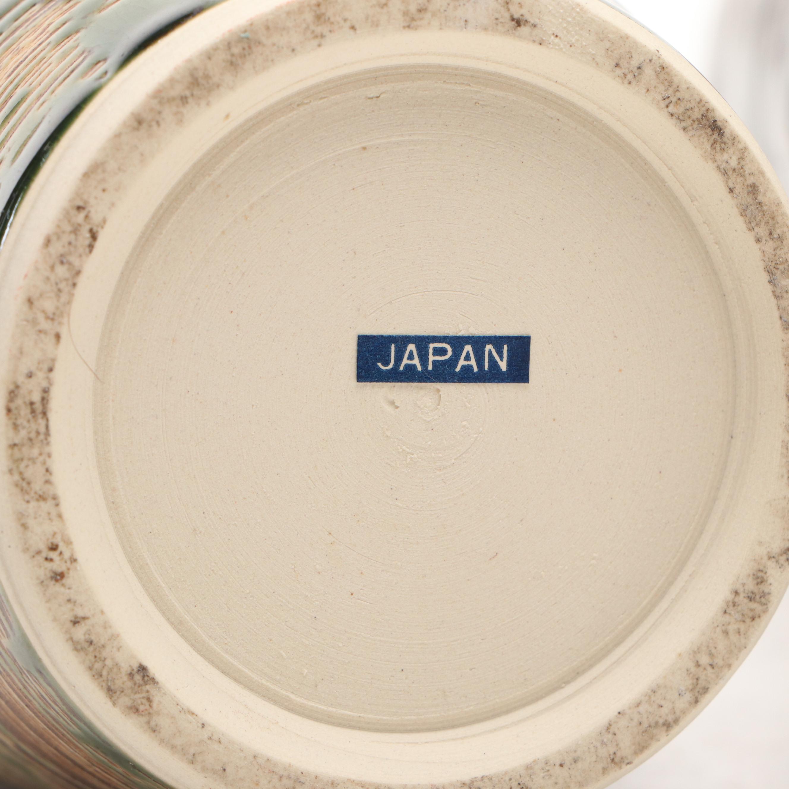 Japanese Green and Brown Glazed Ceramic Vase Pair with Tan Glazed Vase