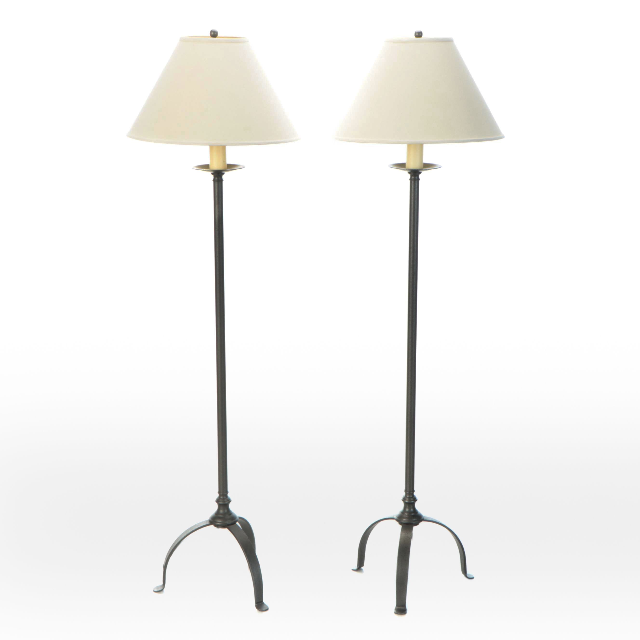 Colonial Style Hubbardton Forge Dark Pewter Finish Floor Lamps, Cotton Shades
