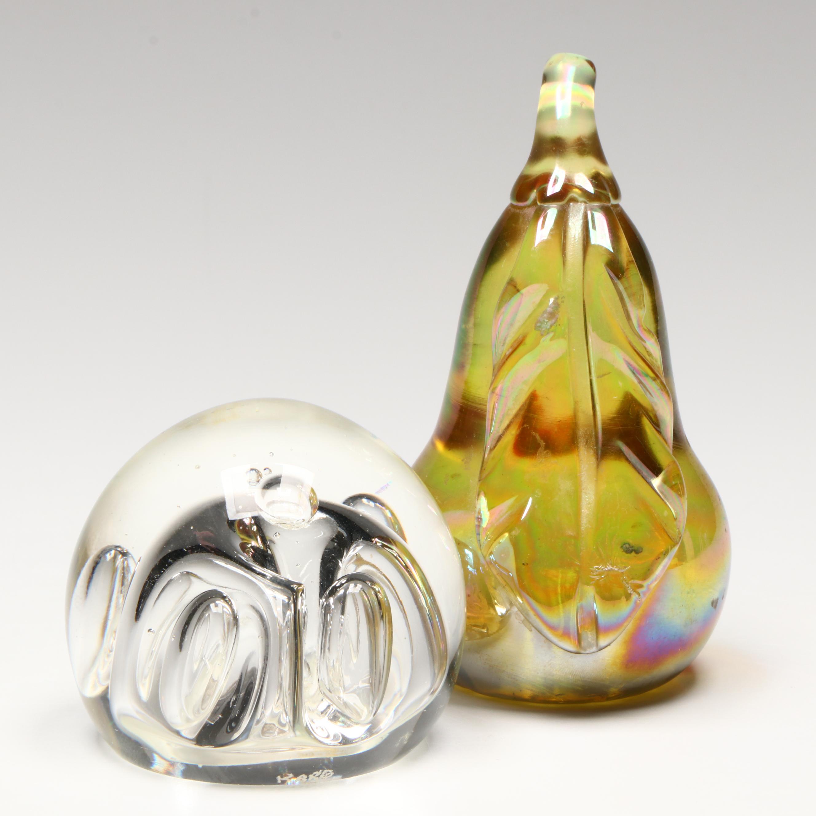 Gibson Iridescent Pear with Other Art Glass Paperweight