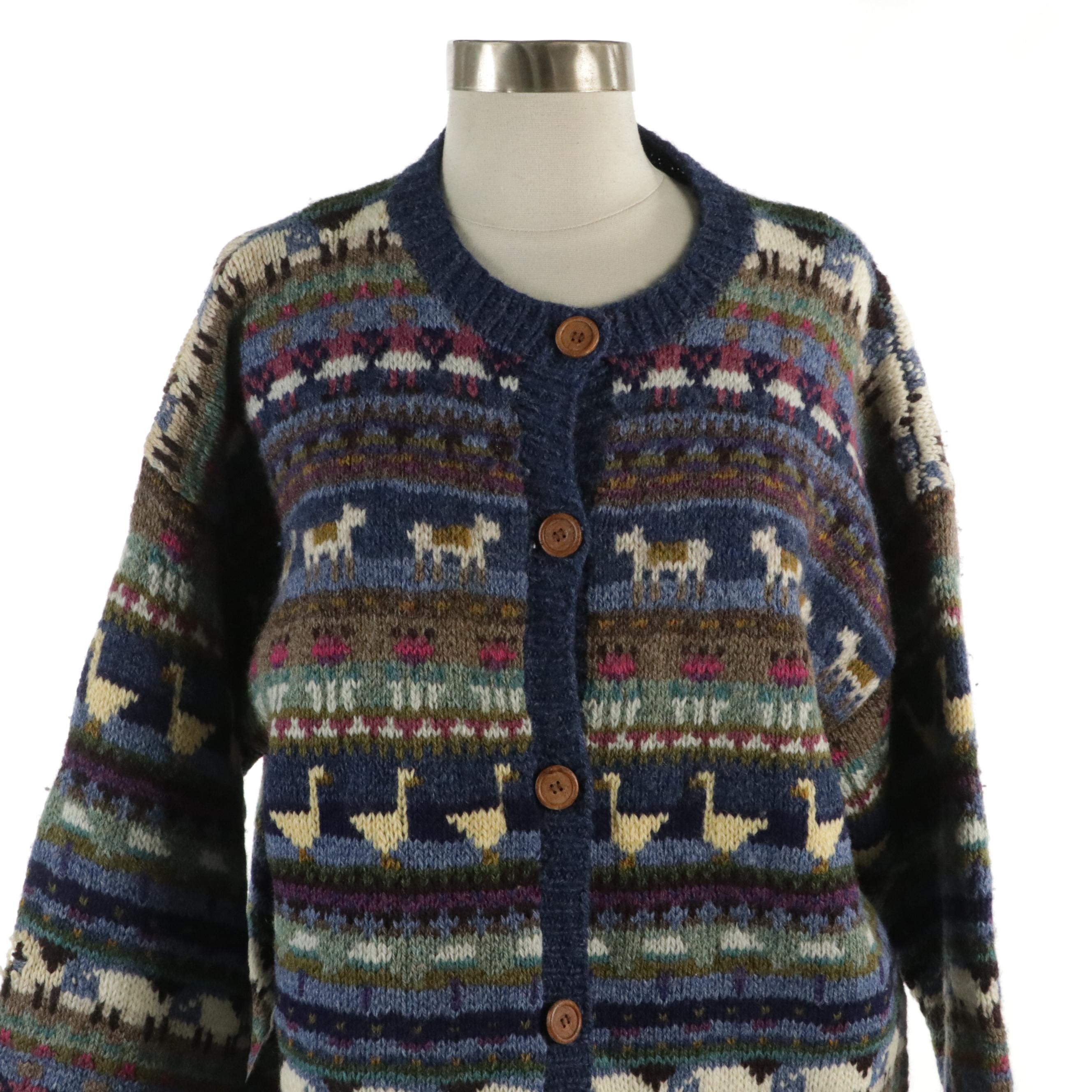 L.L.Bean Multi Printed Wool Cardigan Sweater