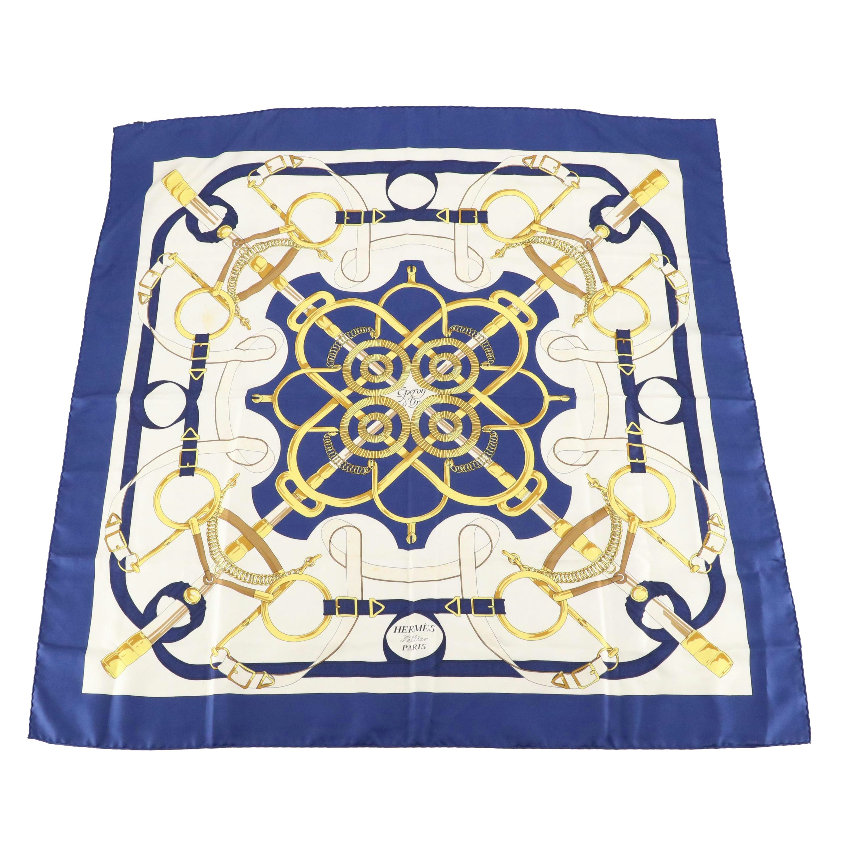 Hermès Sellier "Eperon d'Or" Scarf 90 in Silk Twill