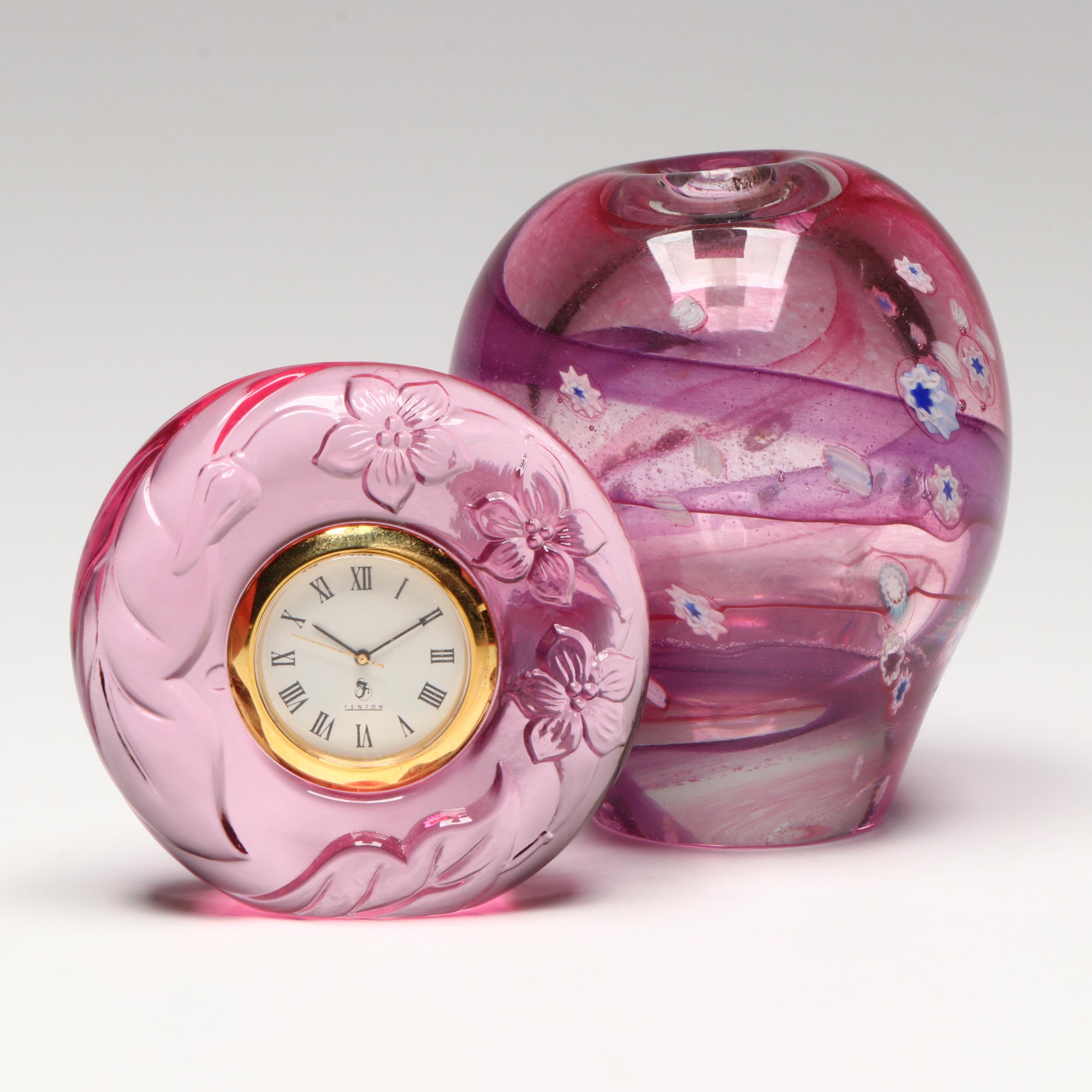 Fenton Glass Clock with Murano Style Art Glass Vase