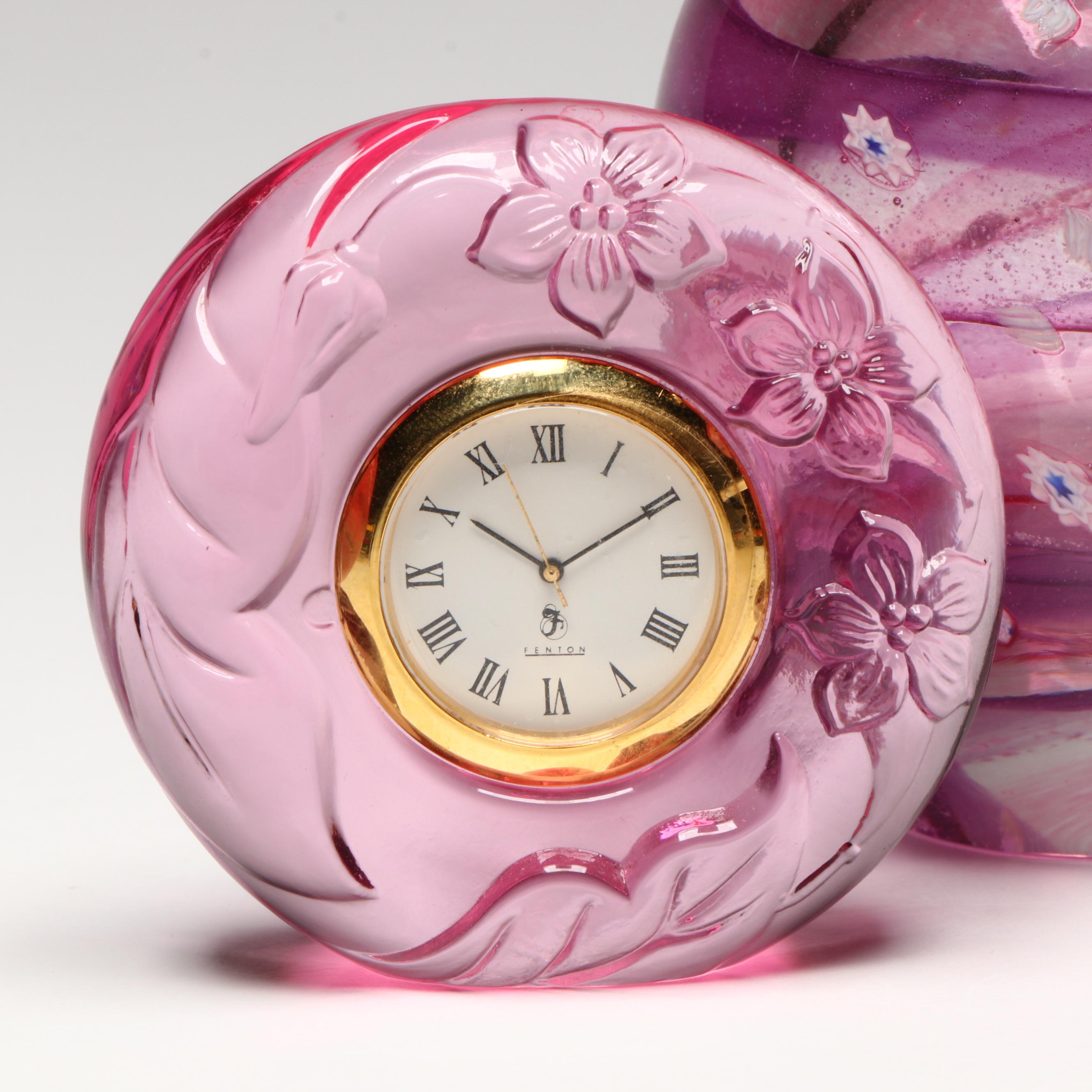 Fenton Glass Clock with Murano Style Art Glass Vase