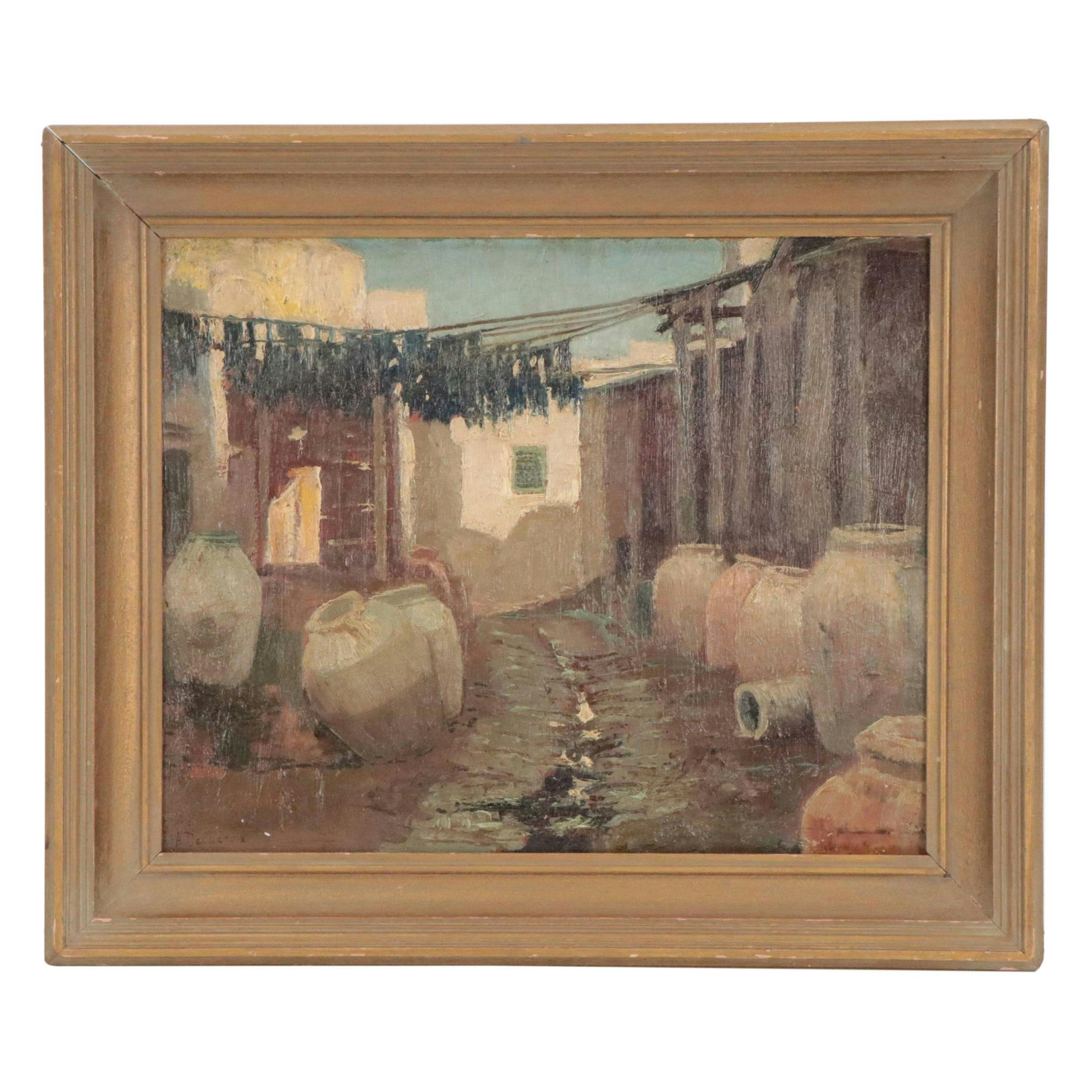 In the Style of André Delacroix Oil Painting of Tunisian Alley Scene