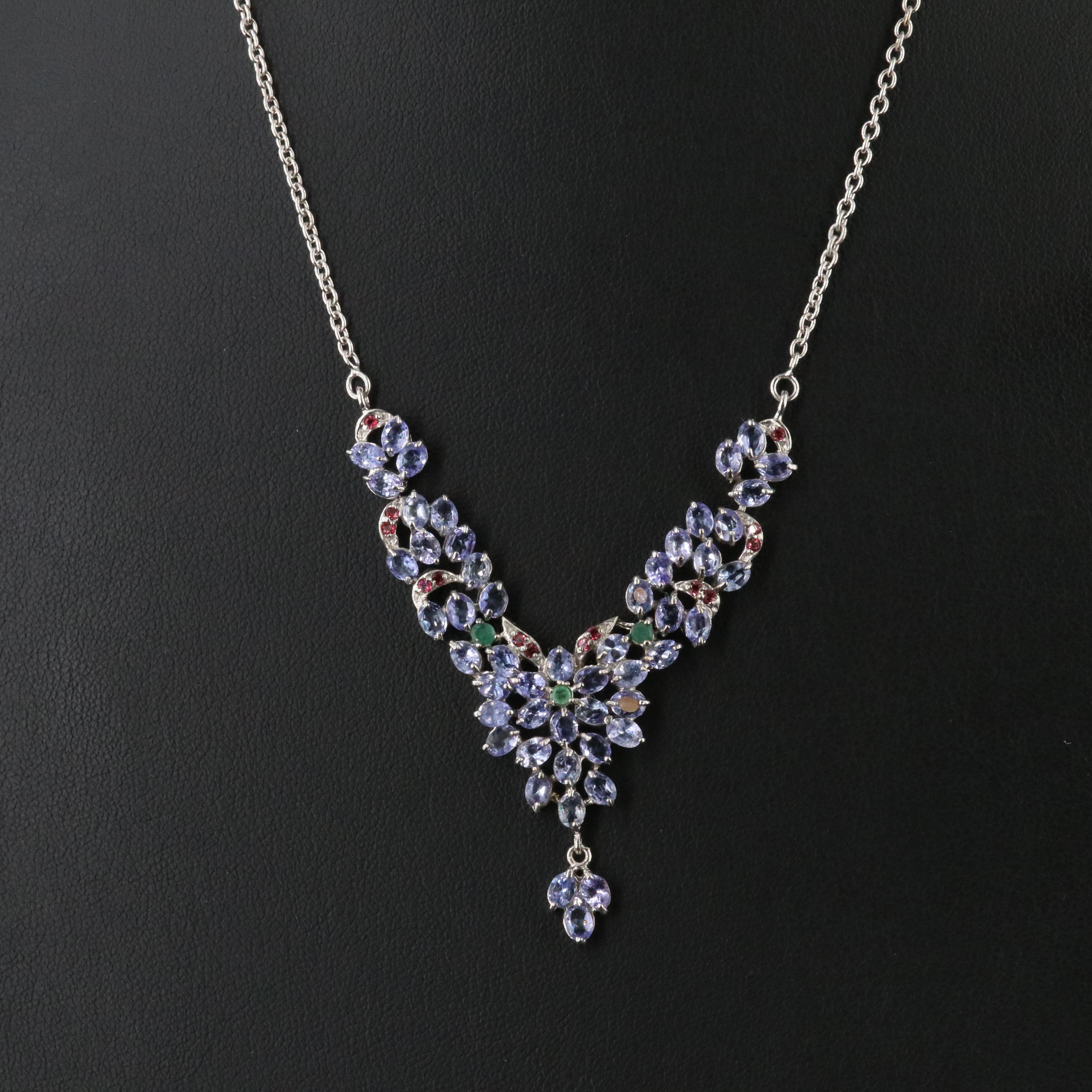 Sterling Tanzanite, Emerald and Garnet Necklace