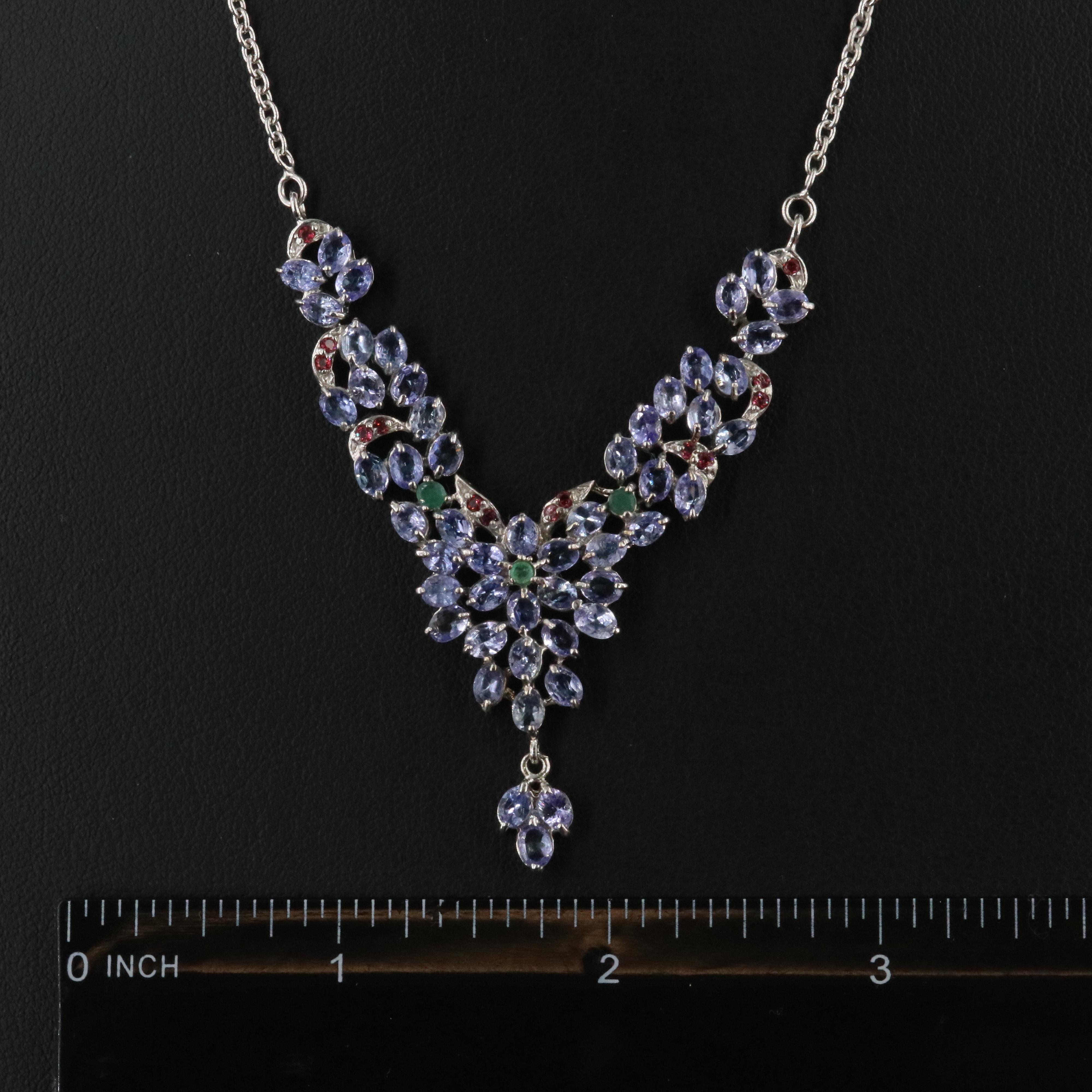 Sterling Tanzanite, Emerald and Garnet Necklace