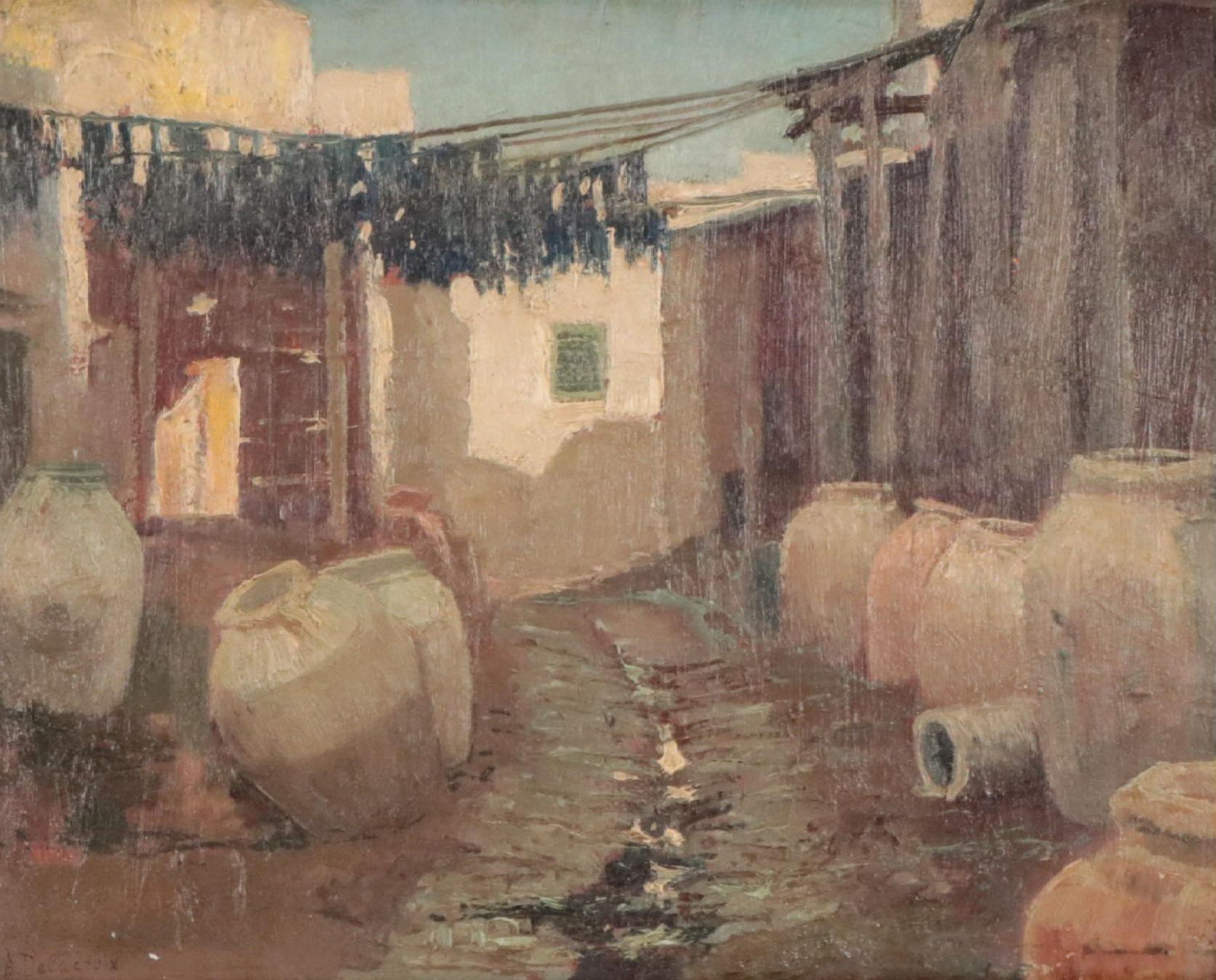 In the Style of André Delacroix Oil Painting of Tunisian Alley Scene