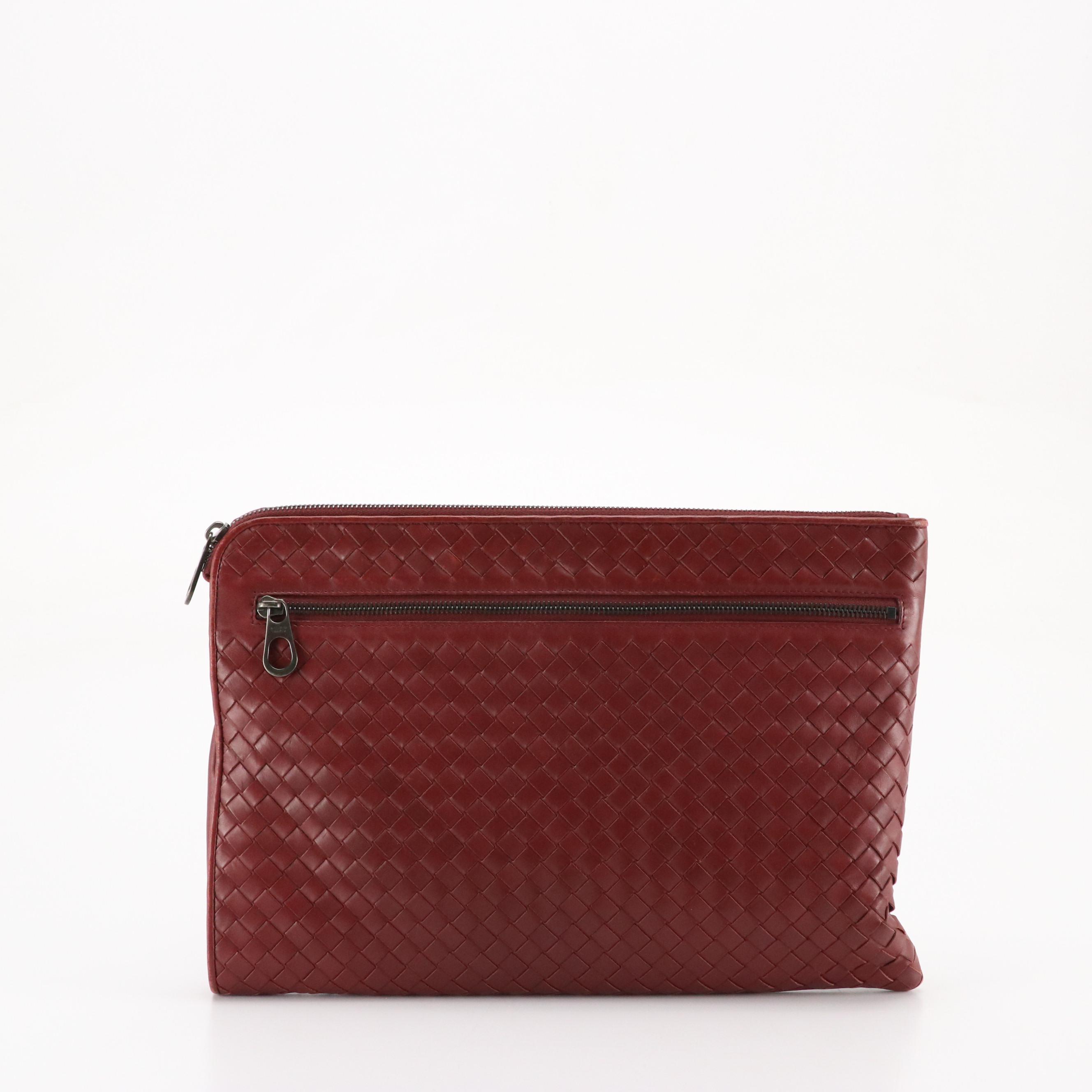 Bottega Veneta Zippered Clutch Bag in Merlot Red Intrecciato Leather