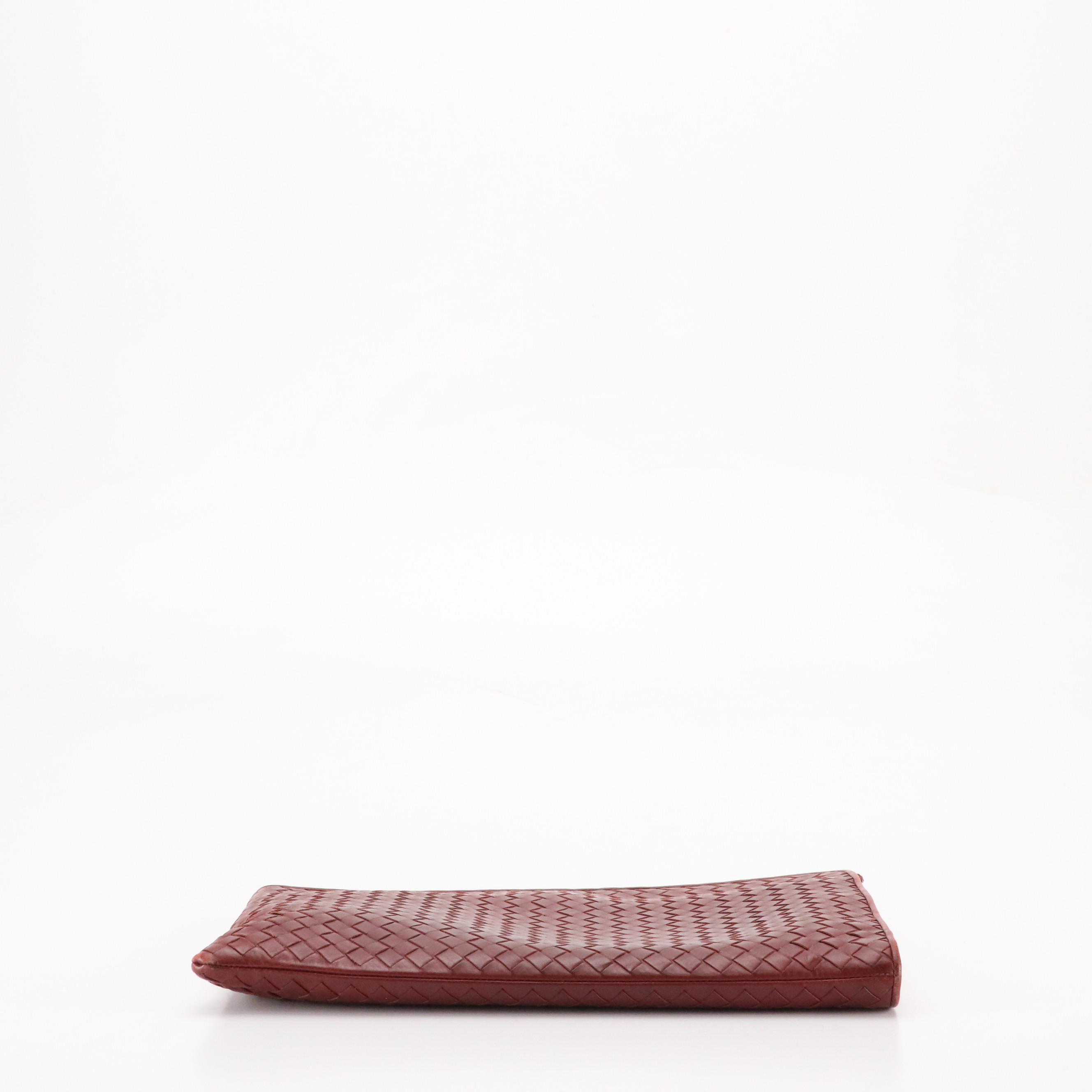 Bottega Veneta Zippered Clutch Bag in Merlot Red Intrecciato Leather