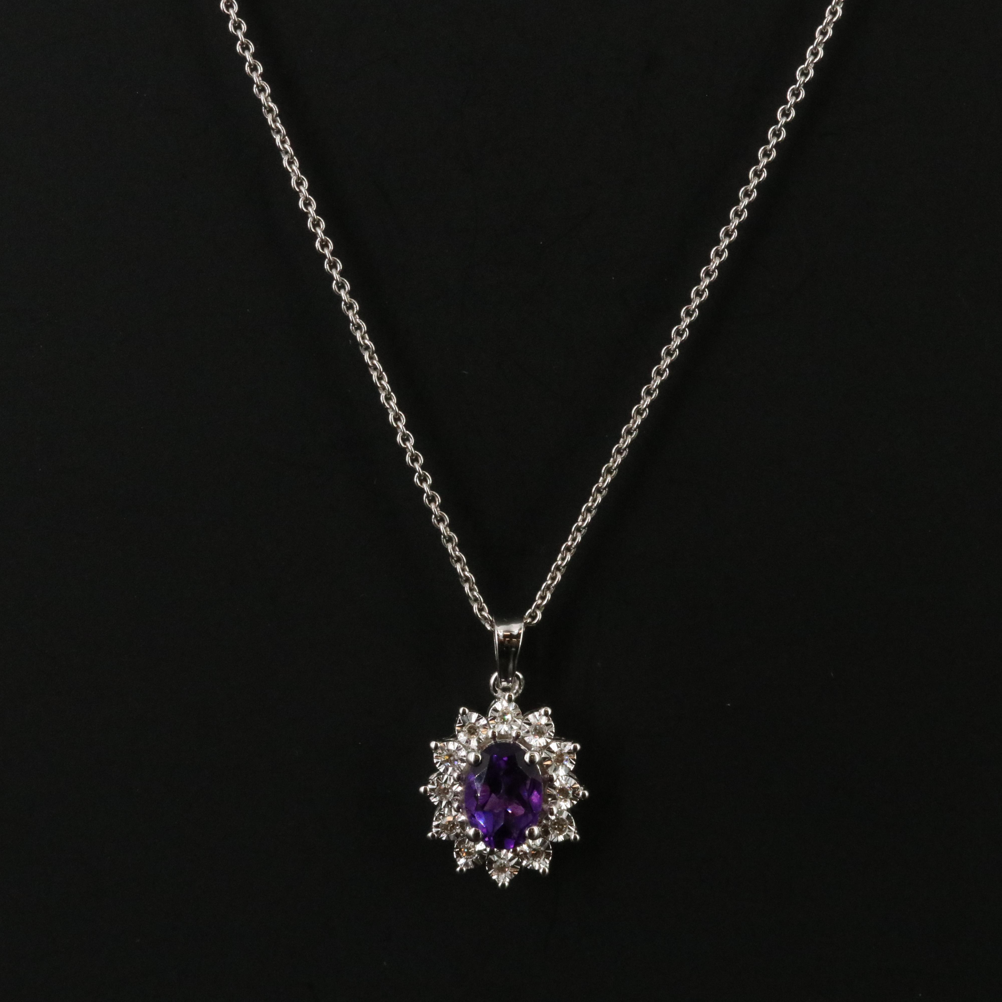 Sterling Amethyst and Diamond Pendant Necklace
