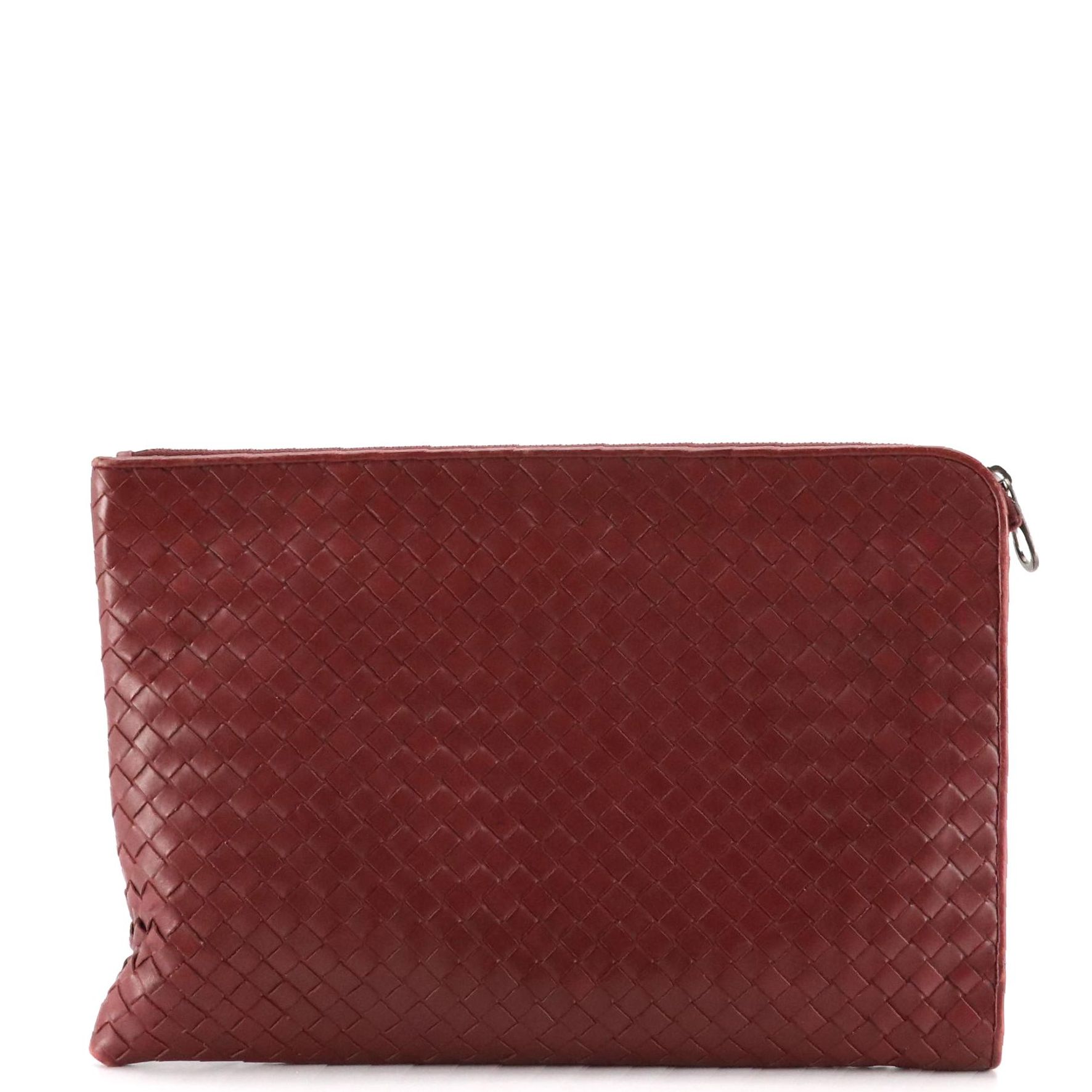 Bottega Veneta Zippered Clutch Bag in Merlot Red Intrecciato Leather