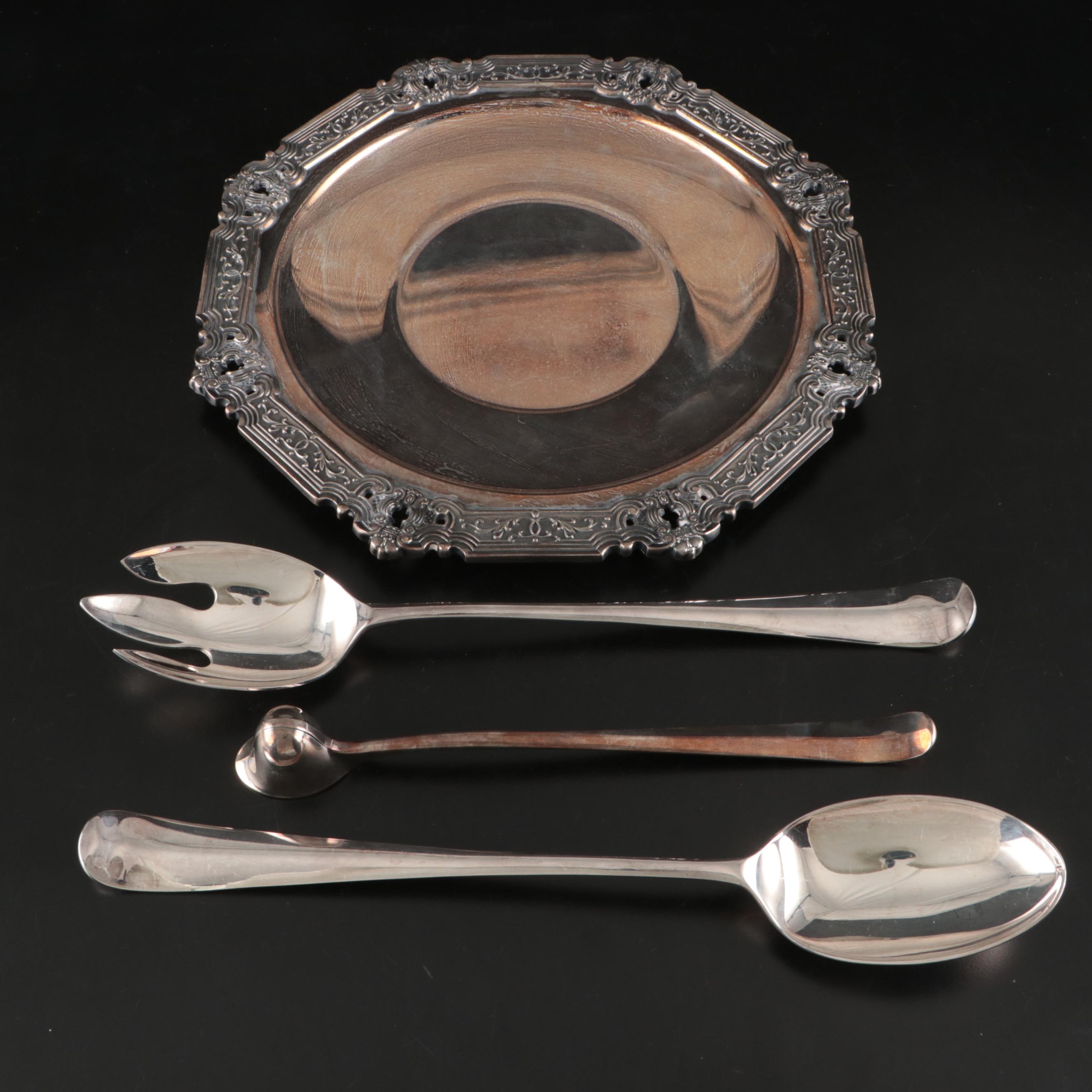 Gorham Silver "Hispana" Silver Plate Tray with Salad Set and Candle Snuffer
