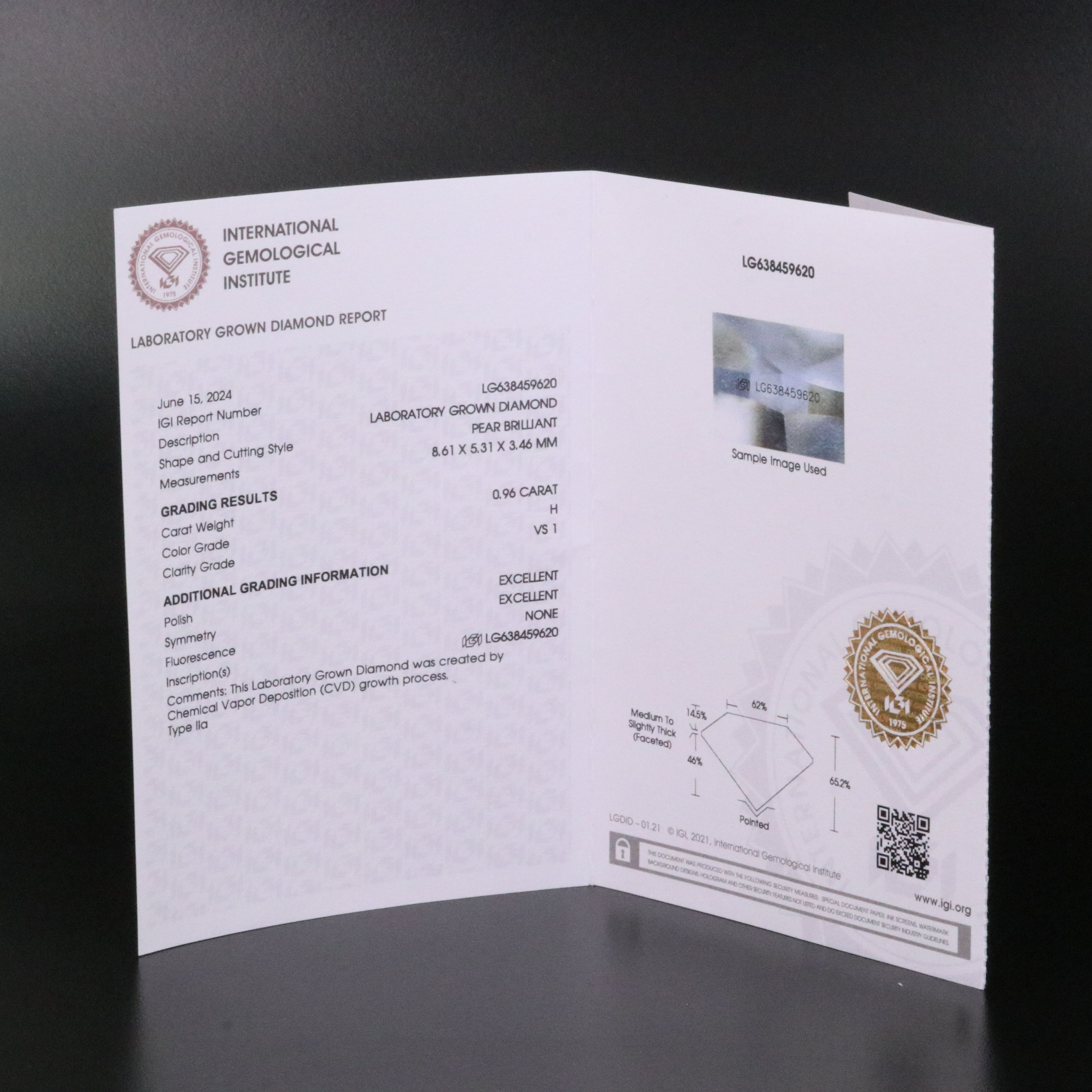 Loose 0.96 CT Lab Grown Diamond with IGI Report