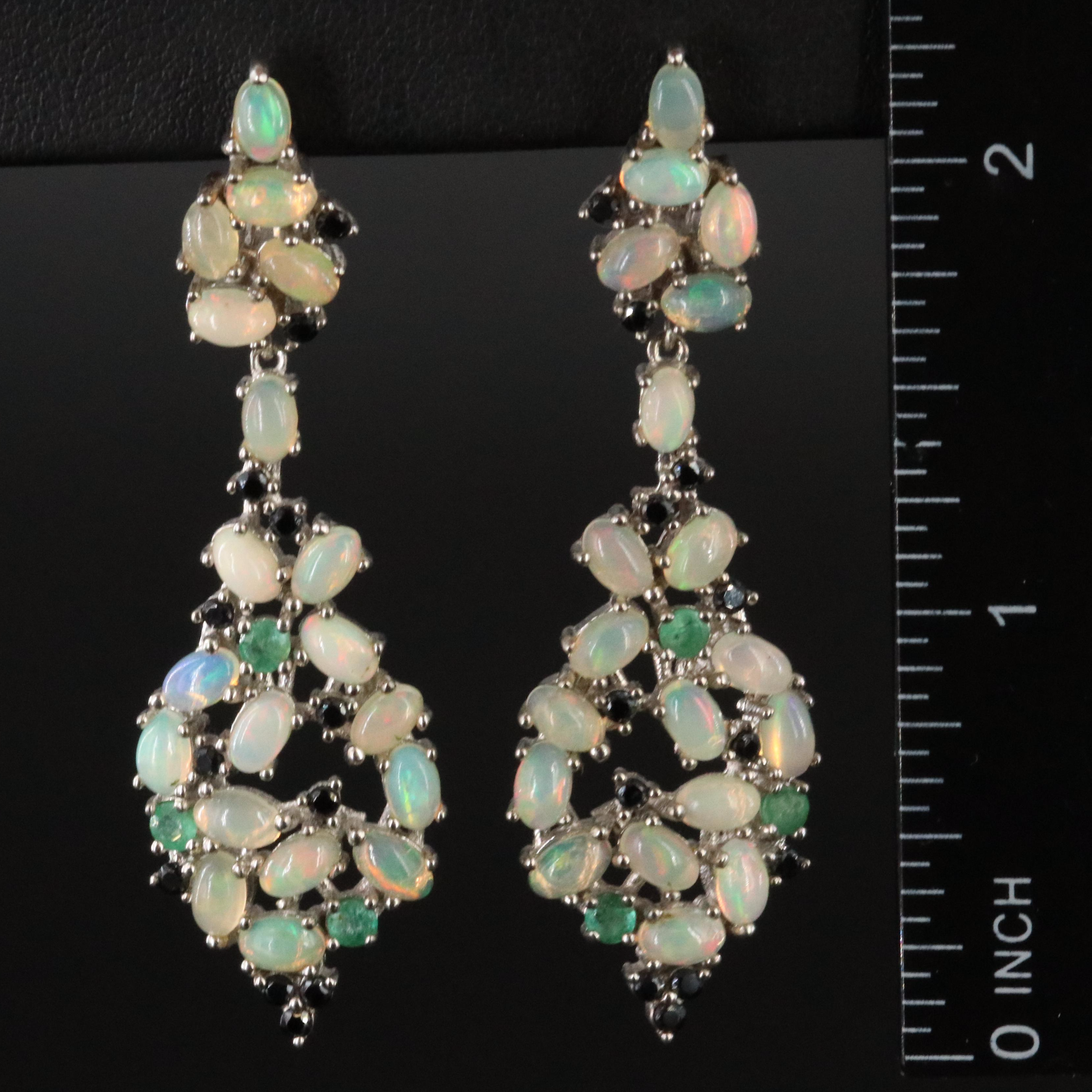 Sterling Opal, Emerald and Spinel Dangle Earrings